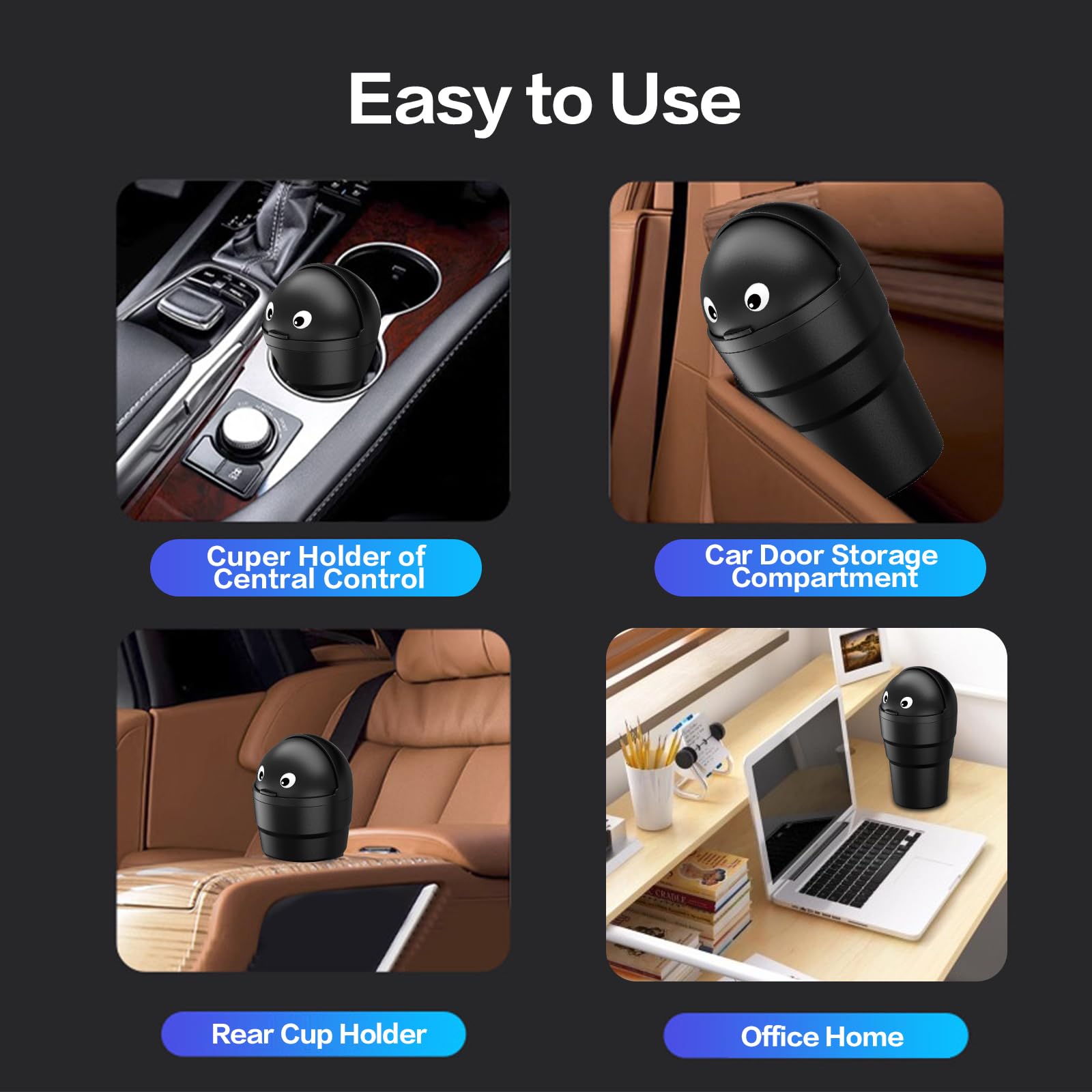 Mini Car Trash Can with Lid - Leakproof ABS Cup Holder Garbage Bin for Vehicle, Office & Home Use | Cute Automotive Accessories (Black, 2-Pack) - Perfect for Road Trips, Daily Commute & Workspace Organization