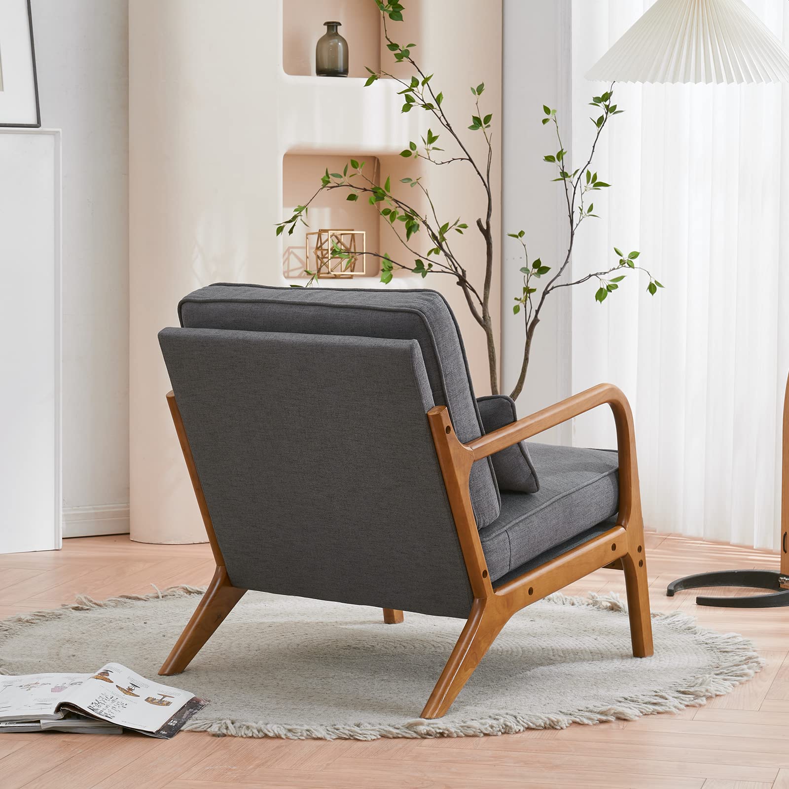 Mid Century Modern Accent Chair - Solid Oak Wood Frame with Upholstered Seat - Single Lounge Chair for Living Room, Bedroom, Office - Dark Grey - Perfect for Reading Nook, Cozy Corner & Home Decor