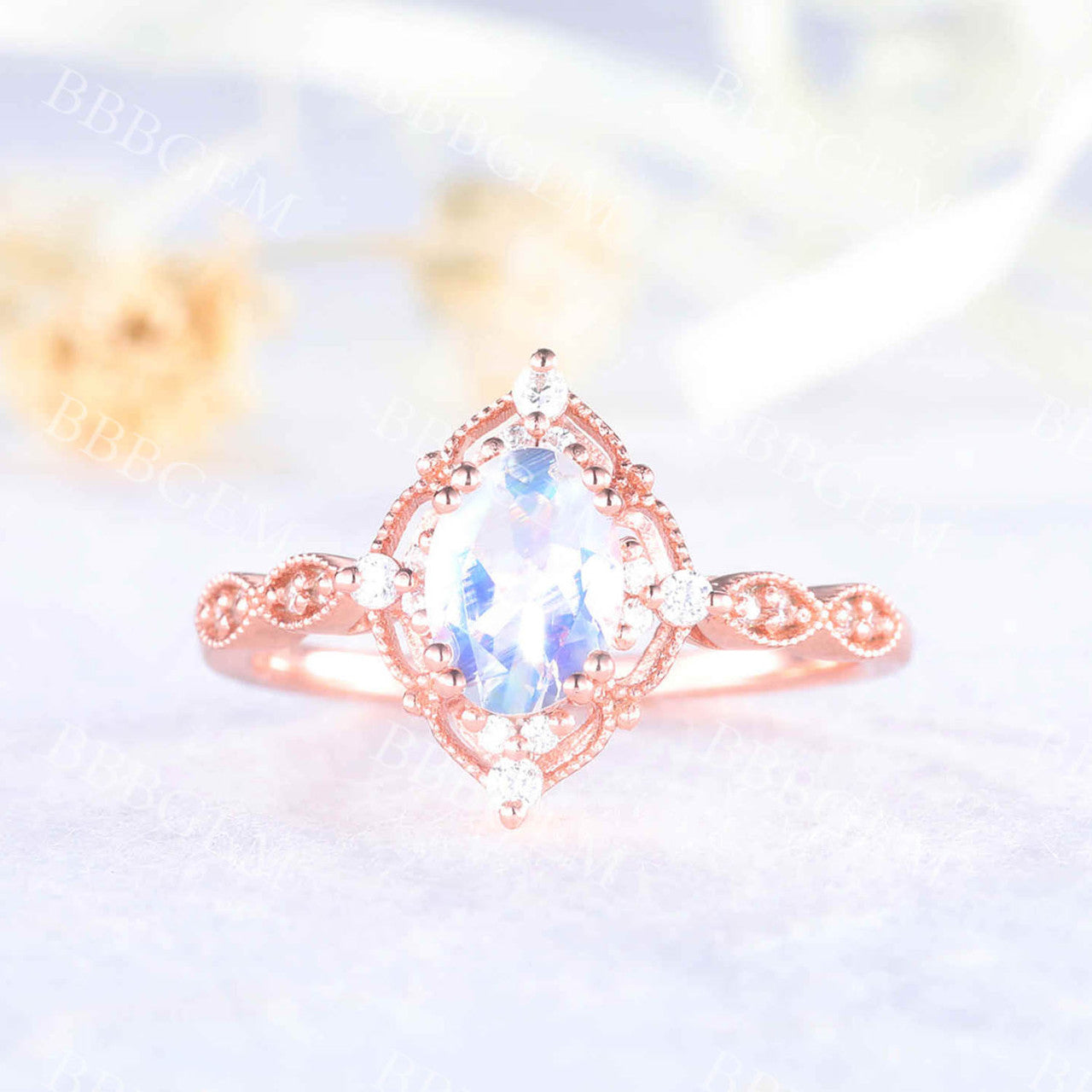 Antique Oval Cut Moonstone & Diamond Engagement Ring with Milgrain Filigree - Vintage Promise Ring for Women, Wedding Proposal, Anniversary Gift, Romantic Occasions