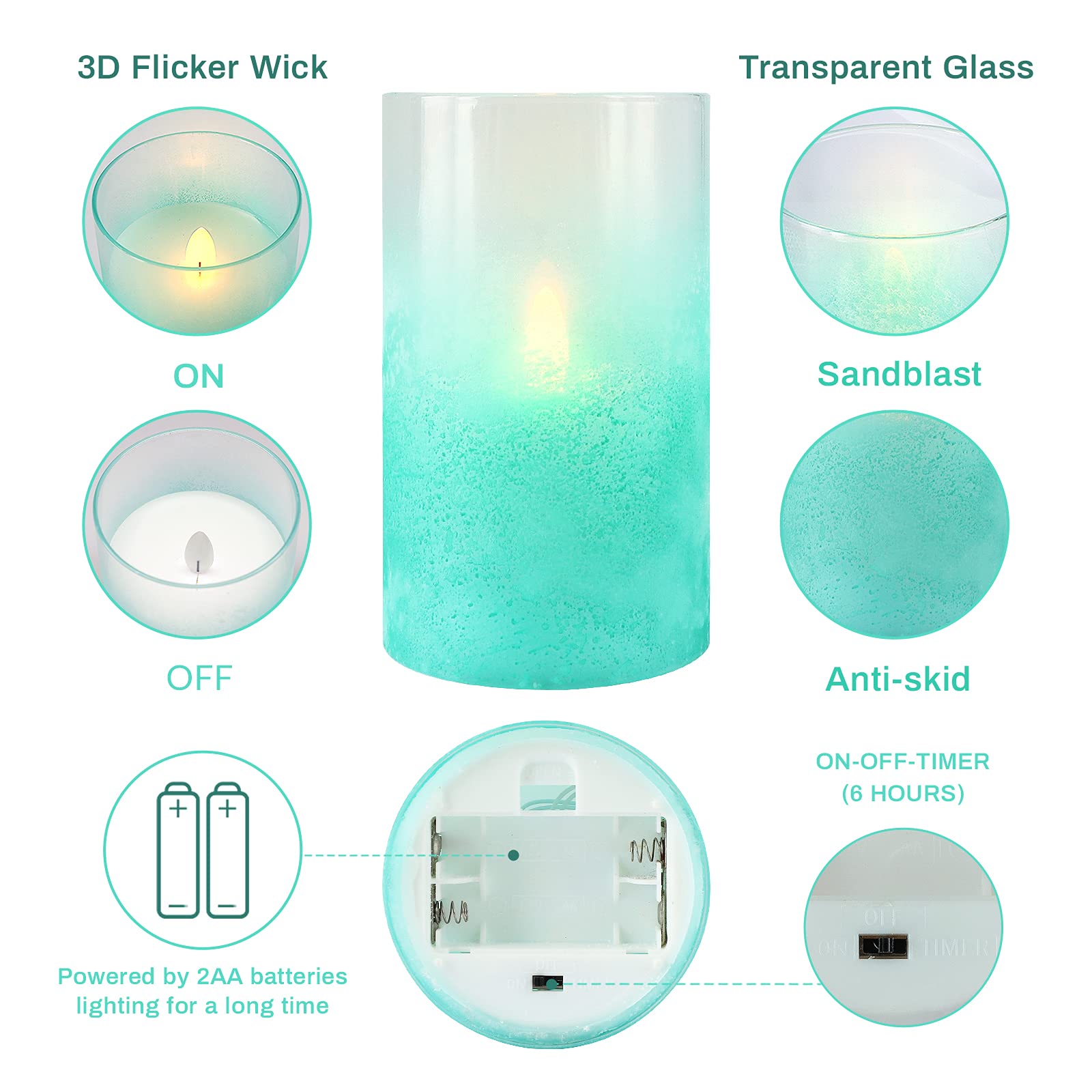 Flickering Flameless LED Candles with Timer - Real Wax Glass Effect Sandblast Battery Operated Candles - Ocean Theme Remote Control Candles for Bathroom, Bedroom, Table & Wedding Decorations - Perfect for Relaxation, Romantic Dinners & Spa Nights