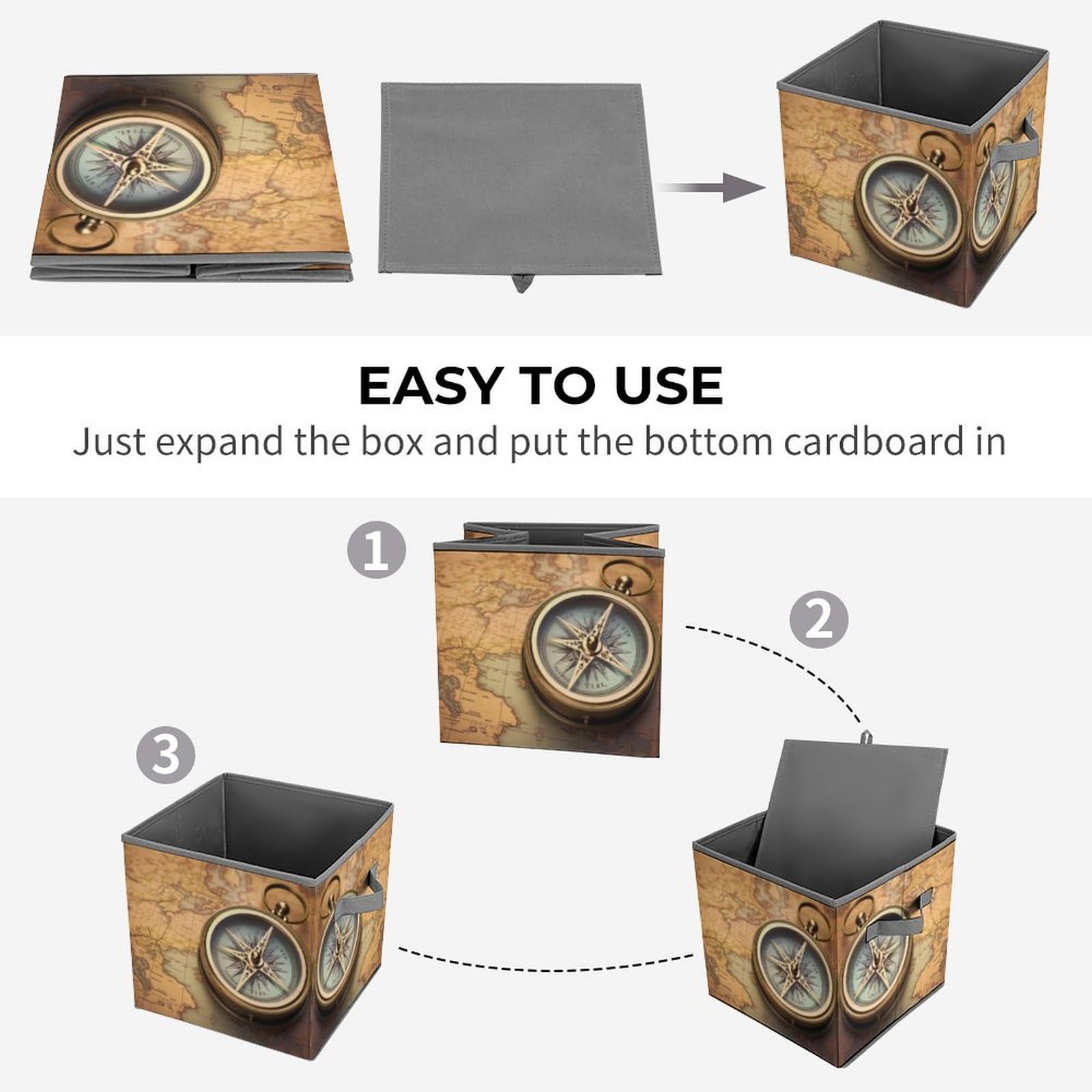 Collapsible Storage Cubes with Handles - 10.6×10.6 Inch Foldable Fabric Bins for Home Organization | Old Compass Design | Perfect for Closet, Nursery, Office & Laundry Room Storage