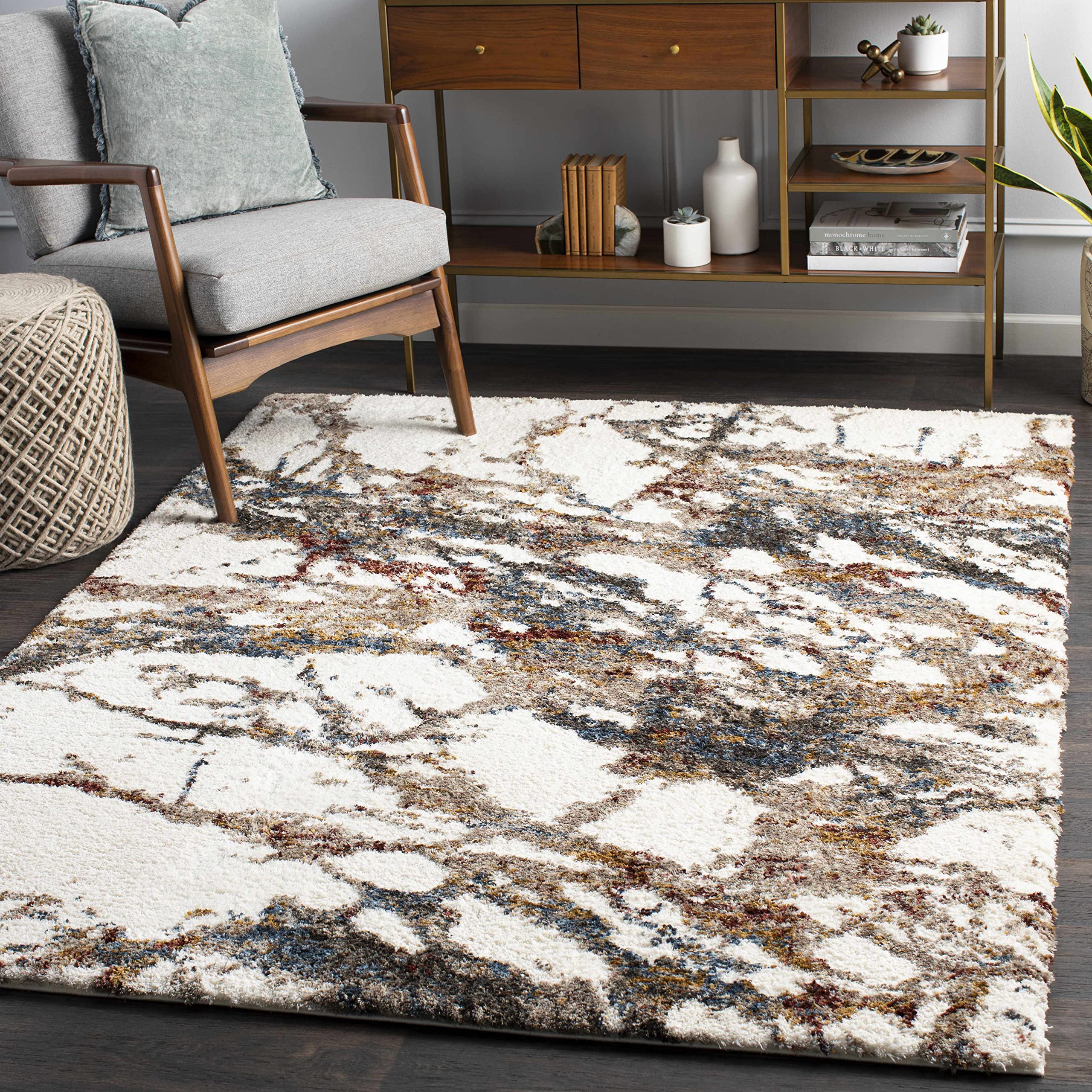 Hauteloom Bremen Plush Marble Area Rug – Ultra Soft Living Room & Bedroom Carpet – Brown, Beige, Charcoal, Navy Blue, Red – 7'10