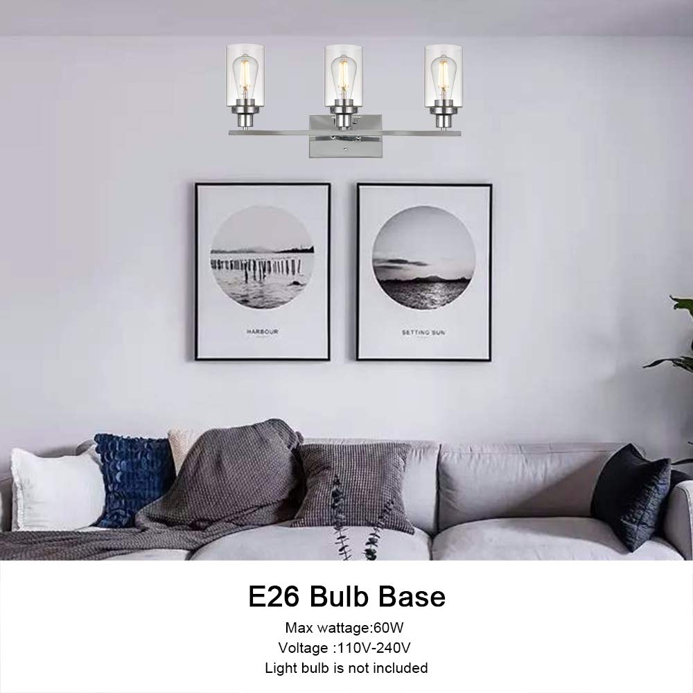 Modern Chrome Bathroom Vanity Light Fixture - 3-Light Contemporary Wall Sconce with Clear Glass Shade for Bathroom, Hallway, Kitchen & Bedroom Lighting (Patent: US D963914 S) | Perfect for Vanity Mirror Lighting, Entryway Decor & Modern Home Illumination