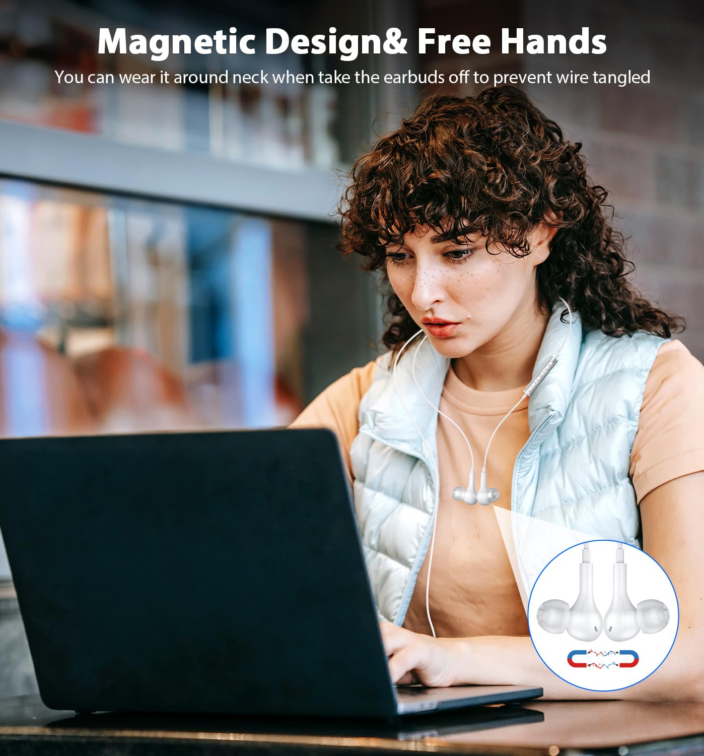 ACAGET USB Earphones with Microphone - Magnetic USB A Headset Earbuds for PC/Laptop - Lightweight Computer Headphones with Audio Controls & Mute Function (White) - Compatible with Dell, Surface - Perfect for Online Meetings, Zoom Calls & Remote Work