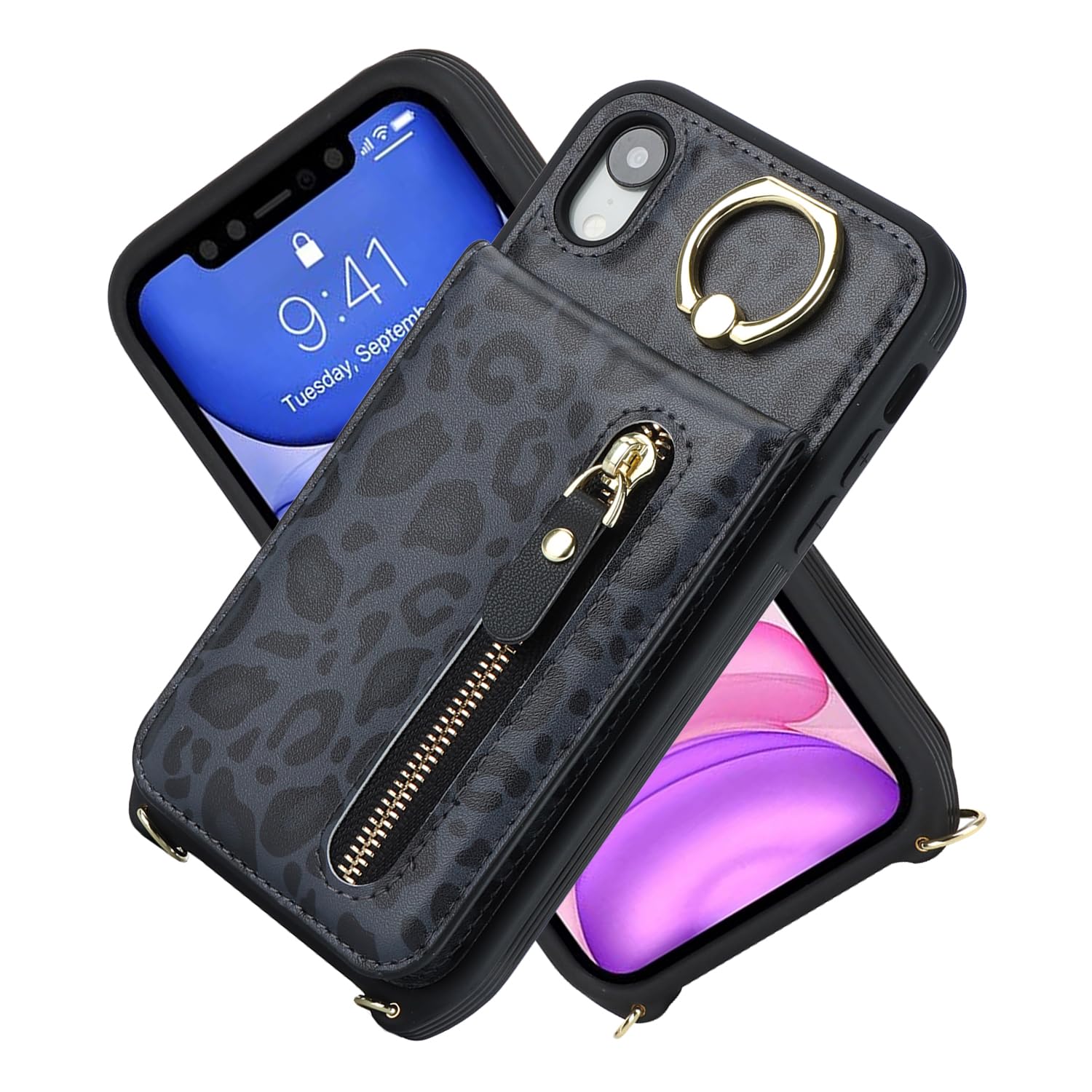Premium iPhone XR Phone Case with Card Holder & Wrist Strap - Women's Wallet Case with Credit Card Slots, Kickstand & Zipper Closure (Black Leopard Print) - Perfect for Everyday Use, Travel & Hands-Free Convenience