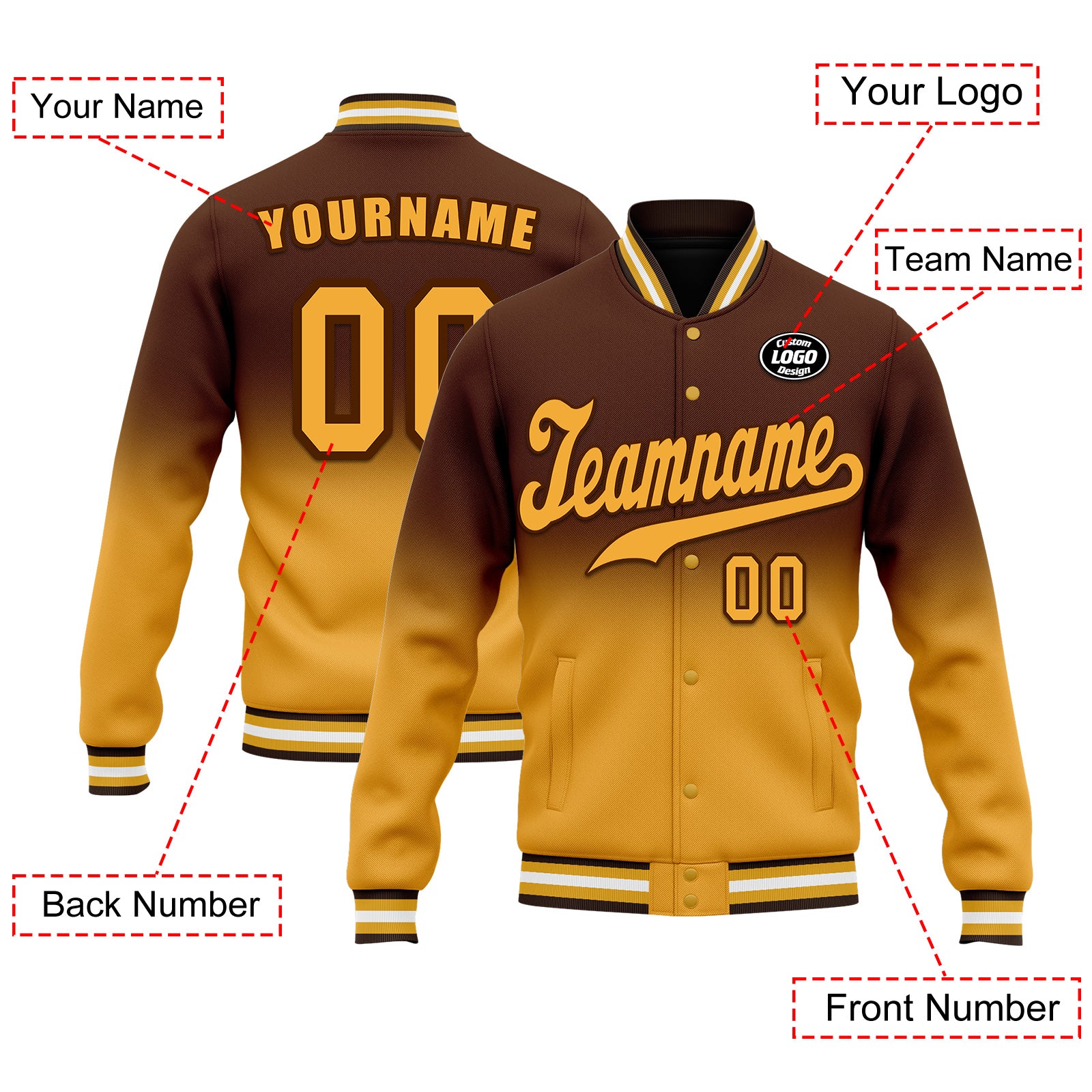 Custom Brown & Yellow Fade Bomber Jacket - Personalized Varsity Letterman Jacket with Full Snap Closure (FZ005 D020229 7) - Perfect for School Events, Sports Games & Streetwear Fashion