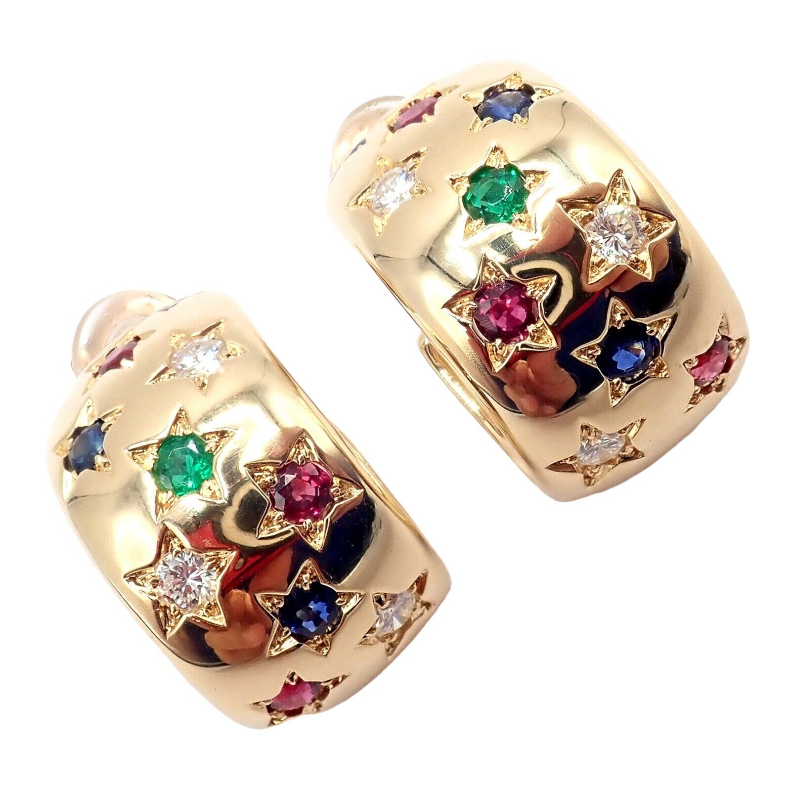 Authentic Cartier Star 18K Gold Hoop Earrings with Diamonds, Rubies, Emeralds & Sapphires | Luxury Jewelry for Women | Perfect for Weddings, Parties & Special Occasions