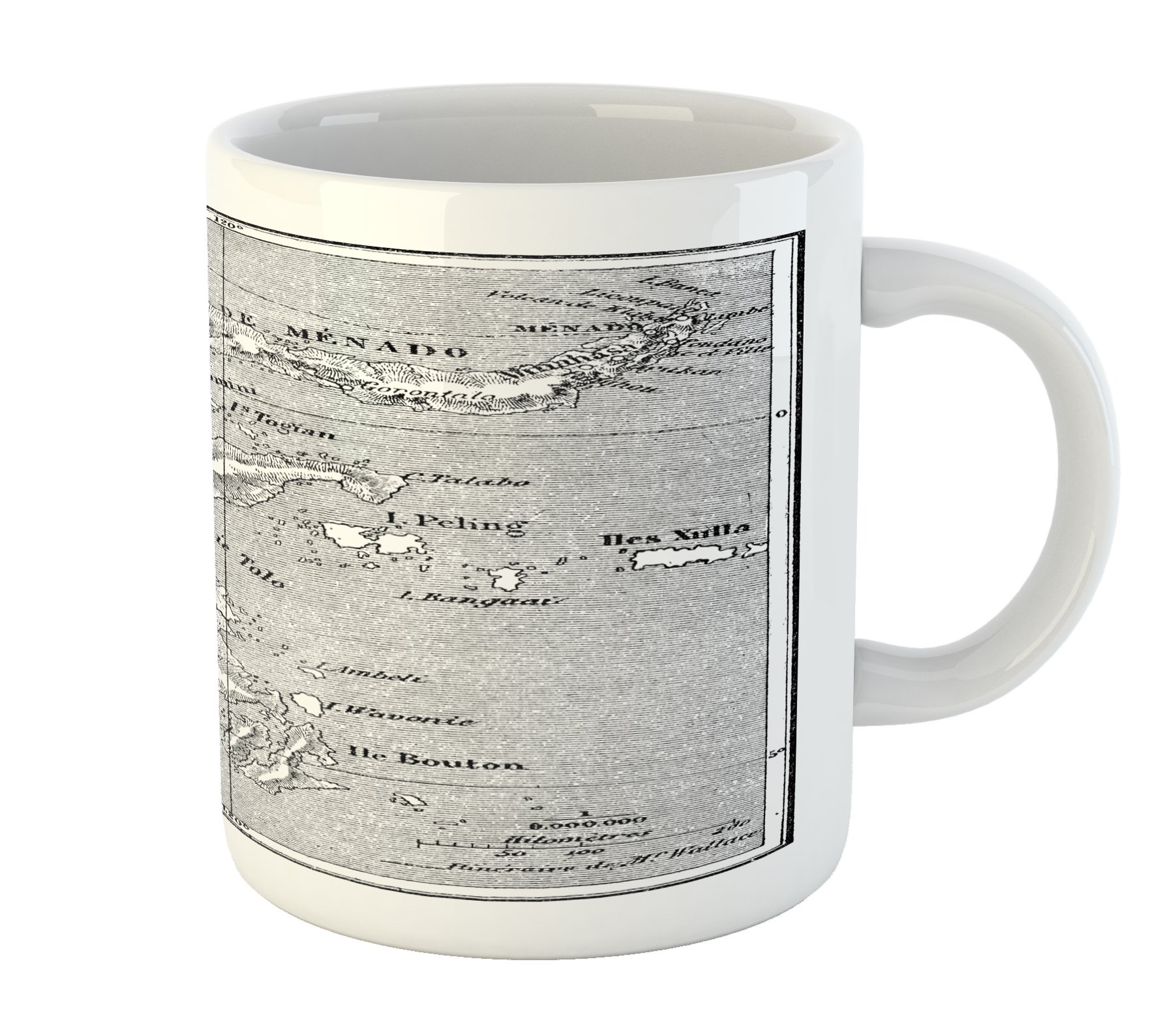 Vintage French Map Ceramic Coffee Mug - Ambesonne Sulawesi Island Travel Design, Black & White Printed Tea Cup for Home & Office Use | Perfect Gift for Travel Lovers & Map Enthusiasts