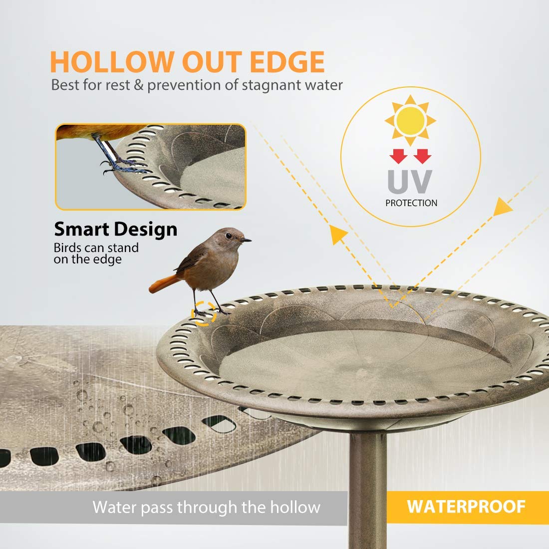 VIVOHOME Antique Outdoor Copper Garden Bird Bath with Solar Powered Fountain - 28 Inch Polyresin Birdbath & Pond Combo Set for Patio, Lawn, and Backyard Decor