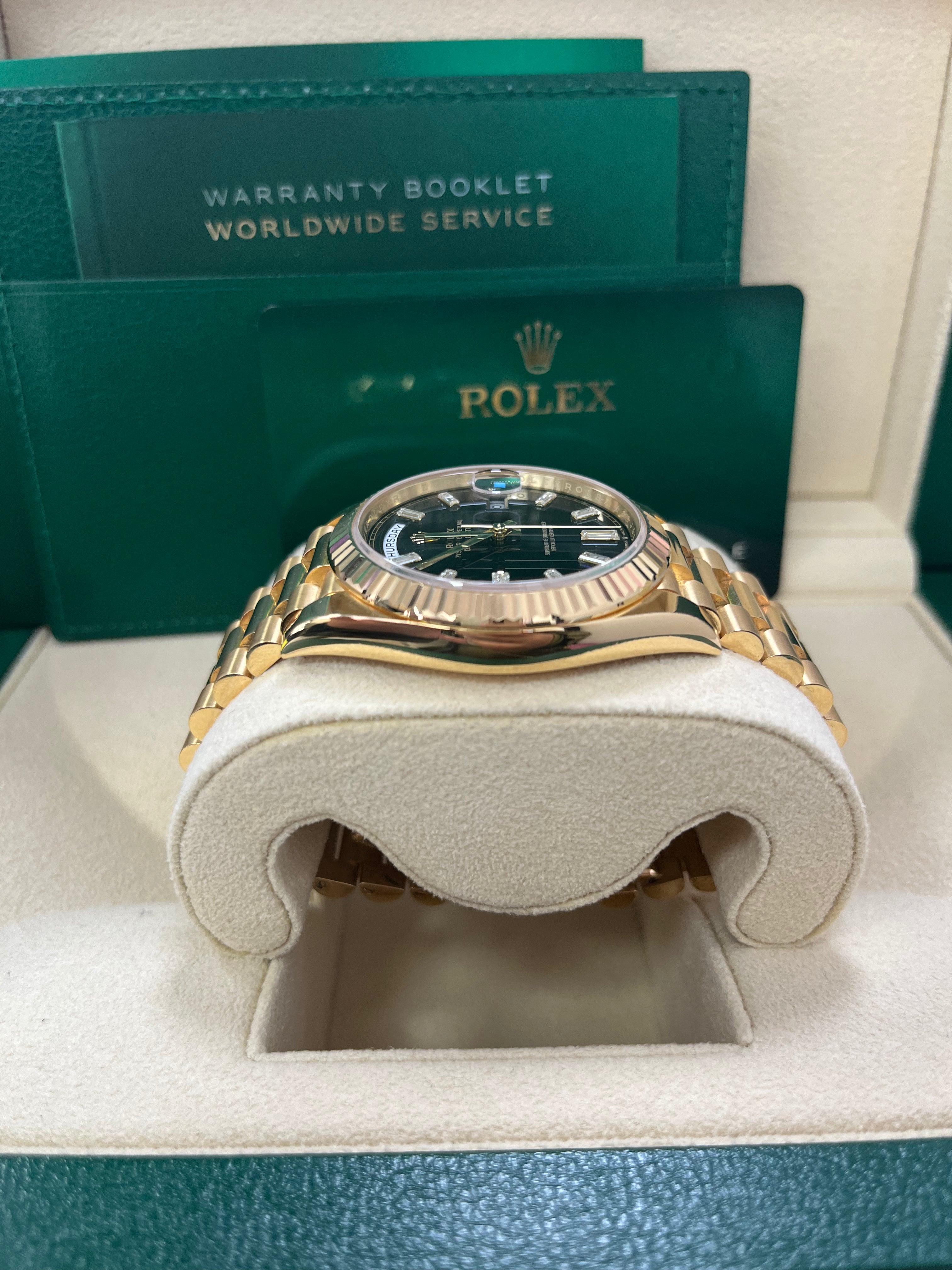 Rolex Day Date 40 18k Yellow Gold Watch with Baguette Diamond Dial & Fluted Bezel (Ref# 228238) - Luxury Timepiece for Business Meetings, Formal Events & Special Occasions