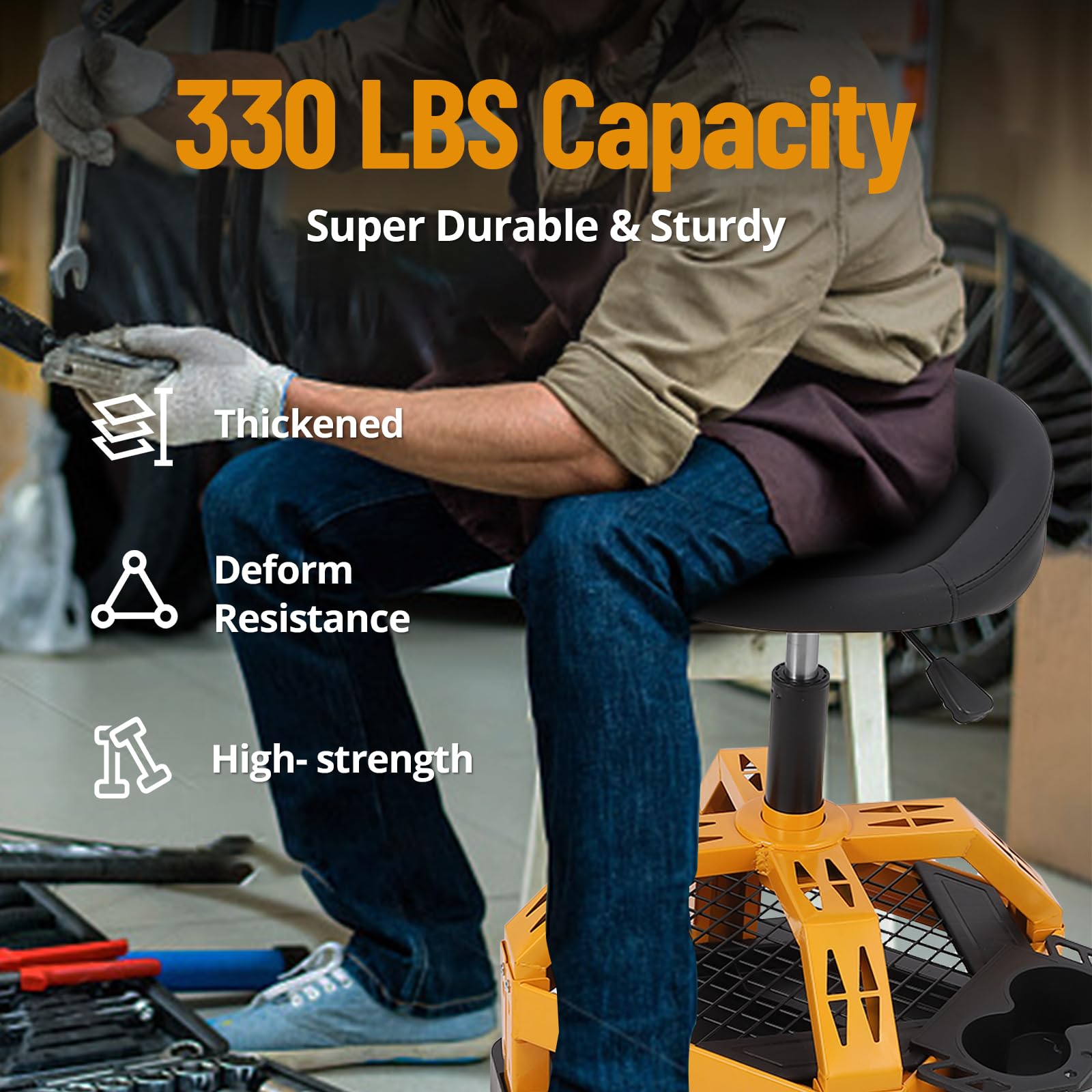 GARVEE 330LBS Heavy Duty Rolling Shop Stool for Garage - Mechanic Stool with 360° Swivel Casters, Ergonomic Design & High Weight Capacity - Perfect for Auto Repair, Workshop & Industrial Use