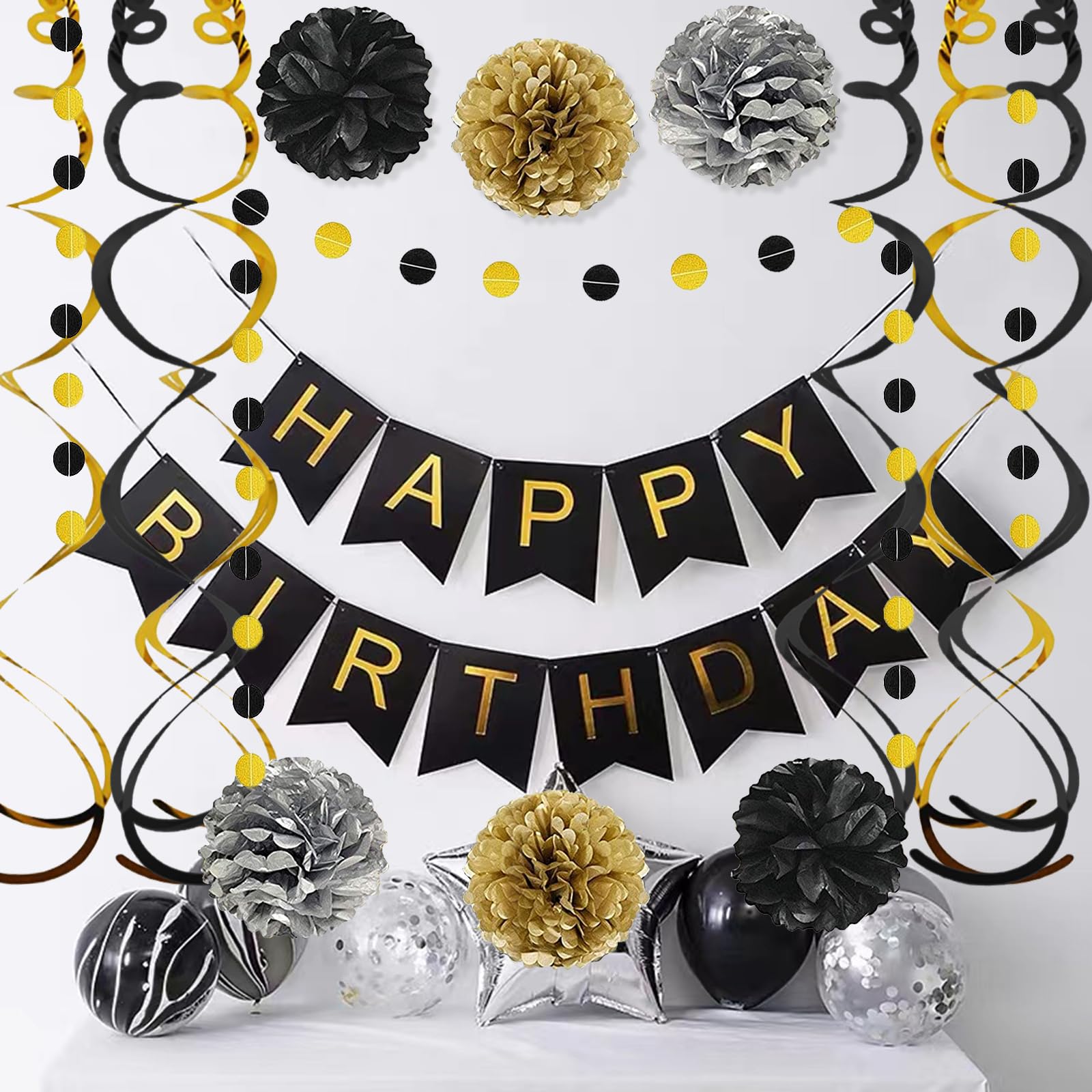 Black Gold Birthday Decorations Set - Happy Birthday Banner with Pom Poms, Triangle Bunting Garland & Swirl Streamers for Men's Party Supplies | Perfect for Adult Birthday Parties, Anniversary Celebrations & Gender Reveal Events