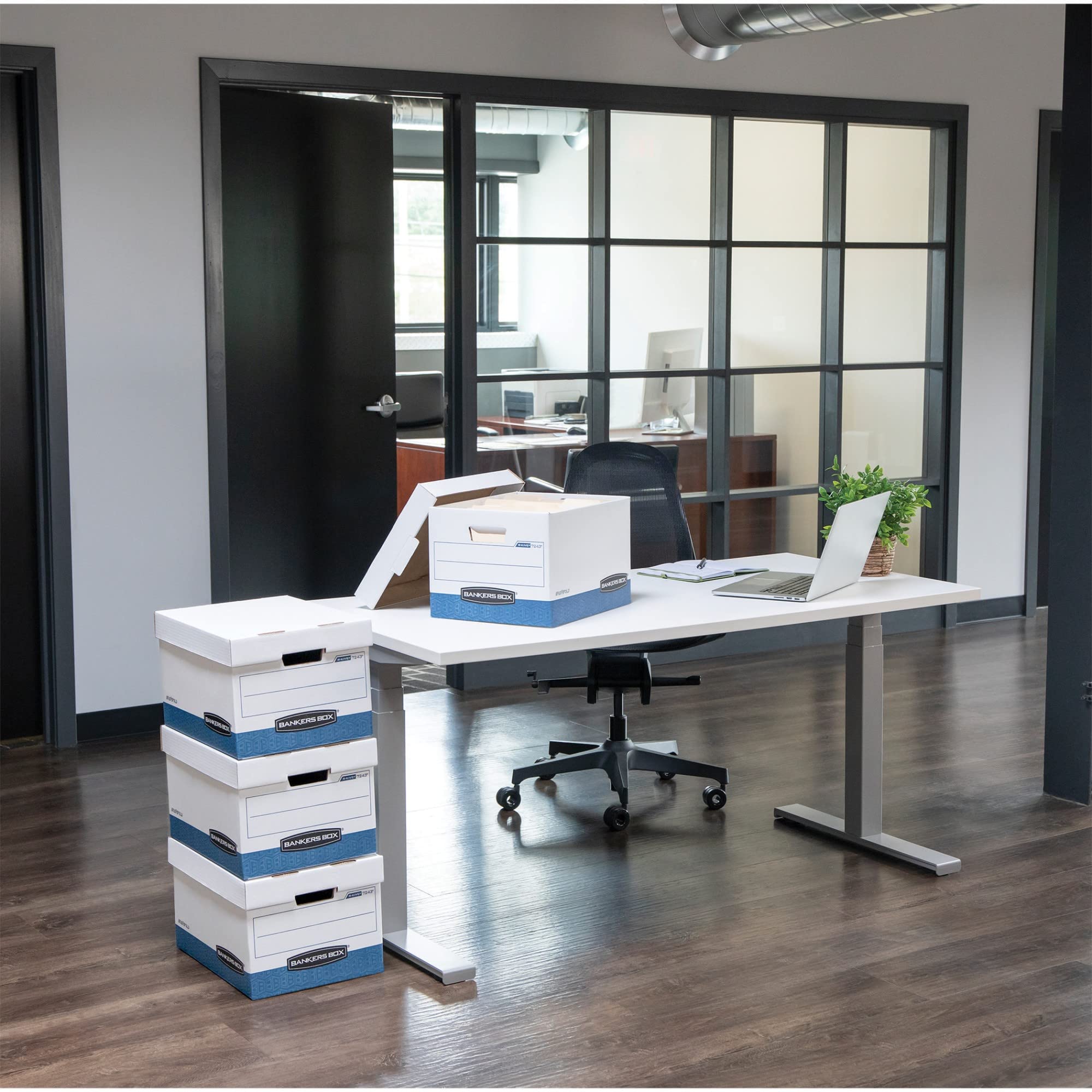 Bankers Box 12 Pack Heavy-Duty File Storage Boxes - Instant Assembly, Lift-Off Lid, Letter Size (White/Black) - Perfect for Office Organization, Document Storage & Moving Supplies