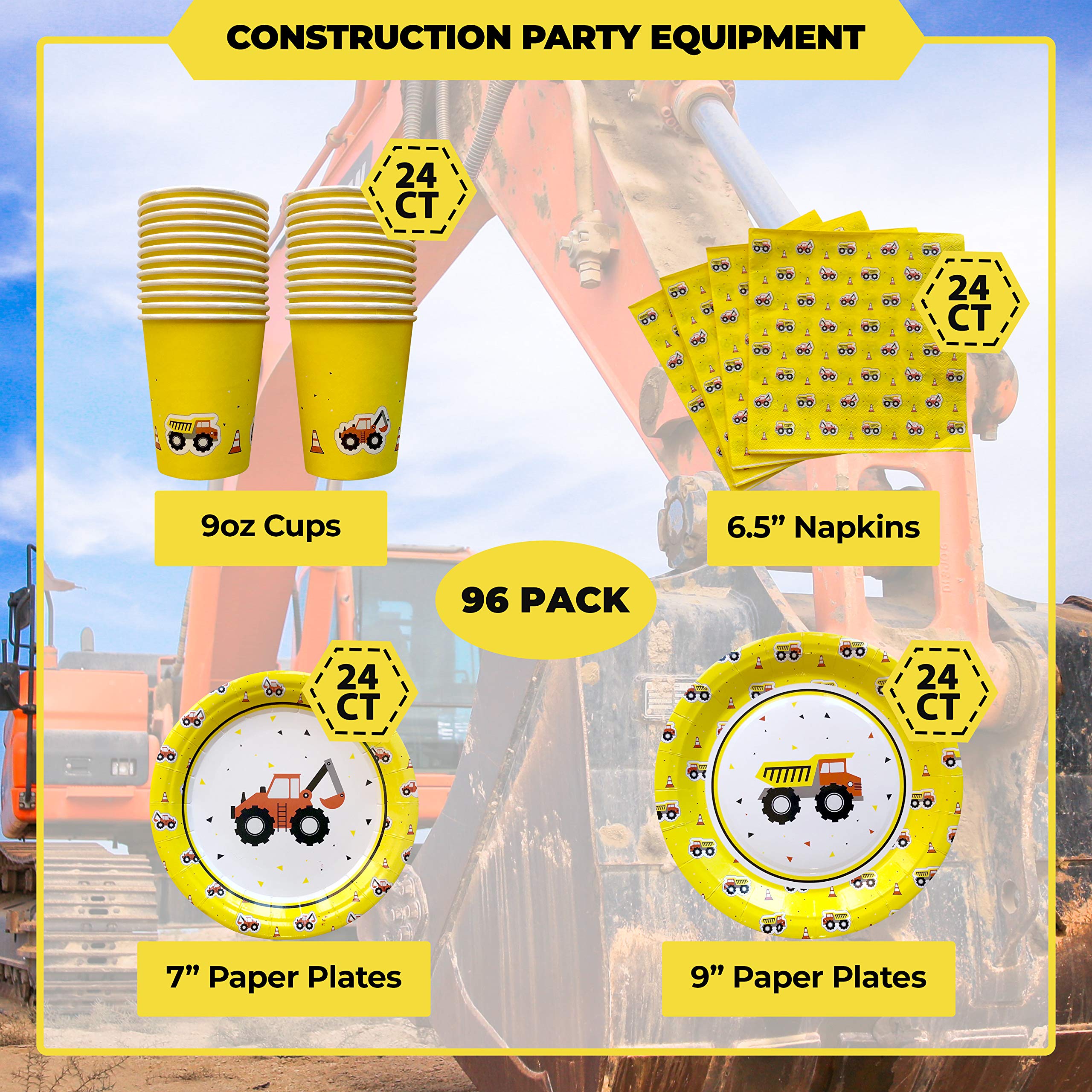 DK&Co. At Home Construction Birthday Party Supplies Plate Set - 24pc Toddler Utensils, Excavator & Construction Theme Party Plates for Kids, Perfect for Digger Themed Celebrations & Baby Shower Events