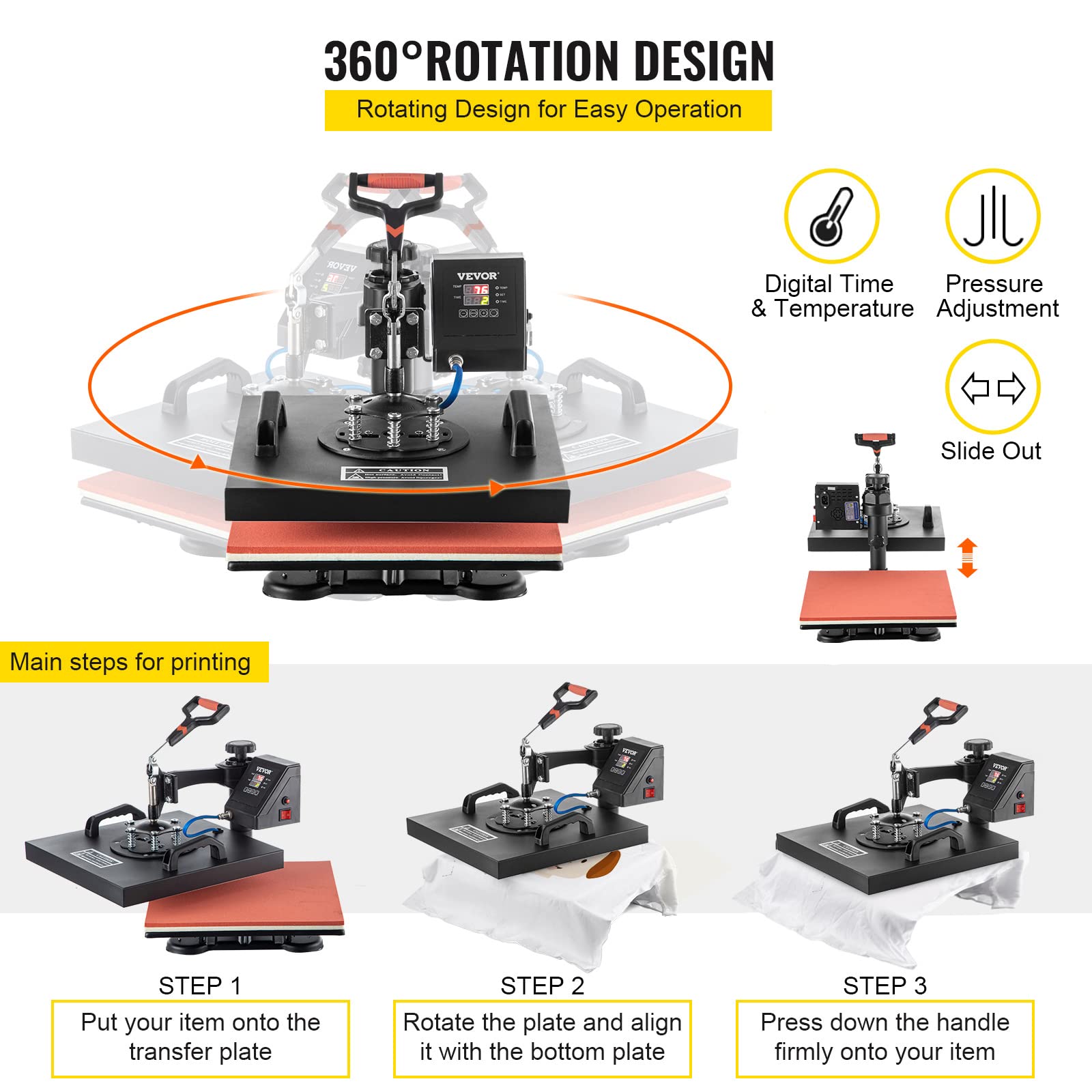 VEVOR 15x15 Inch 5-in-1 Heat Press Machine with Dual LED Display - Professional Sublimation Heat Transfer for T-Shirts, Mugs, Hats & More - Swing Away Design for Easy Printing (Perfect for DIY Crafts, Custom Apparel & Small Business)