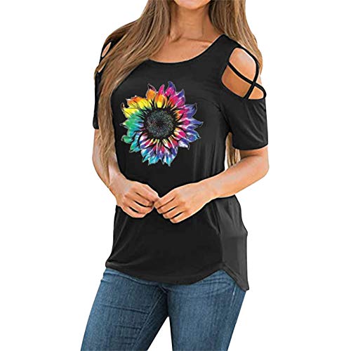 ZEFOTIM Women's Plus Size Sunflower Graphic T-Shirt - Short Sleeve Strappy Cold Shoulder Top for Summer | Casual Outfit, Beach Wear, Vacation Style