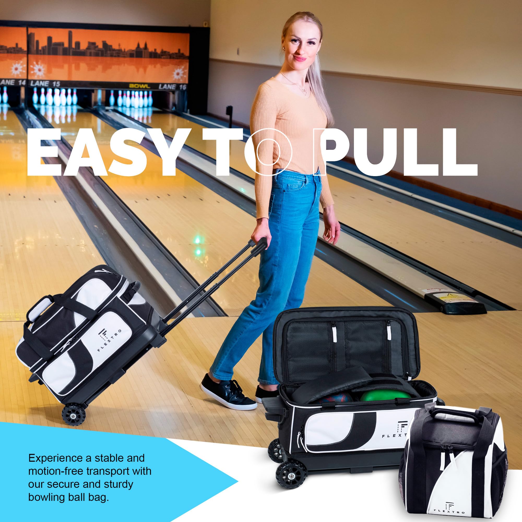 Flextro 2 Ball & Single Ball Bowling Bag Set with Wheels - Double Roller Trolley for Bowling Equipment & Shoes | Perfect for League Play & Tournament Travel