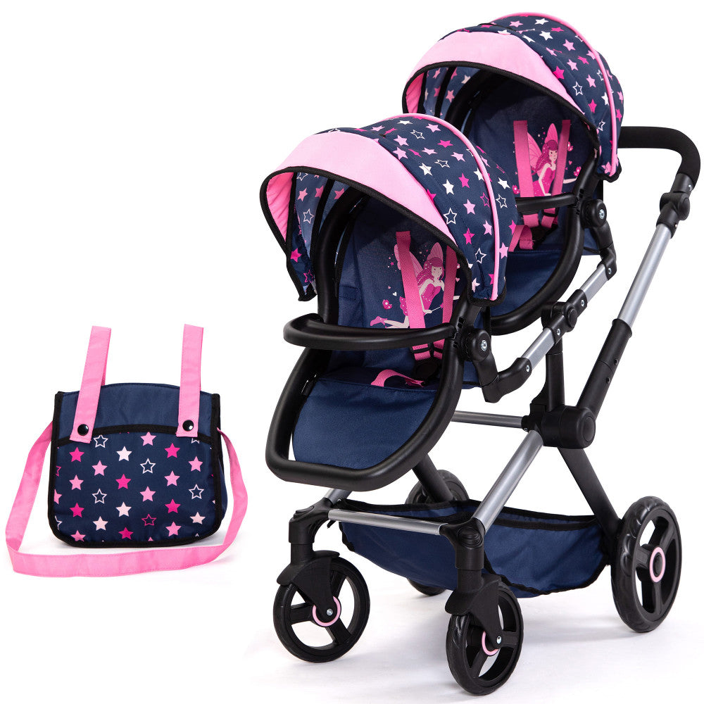 Bayer Design Twin Doll Stroller - Navy & Pink Stars with Matching Handbag | Perfect for Pretend Play, Doll Accessories & Gift for Kids