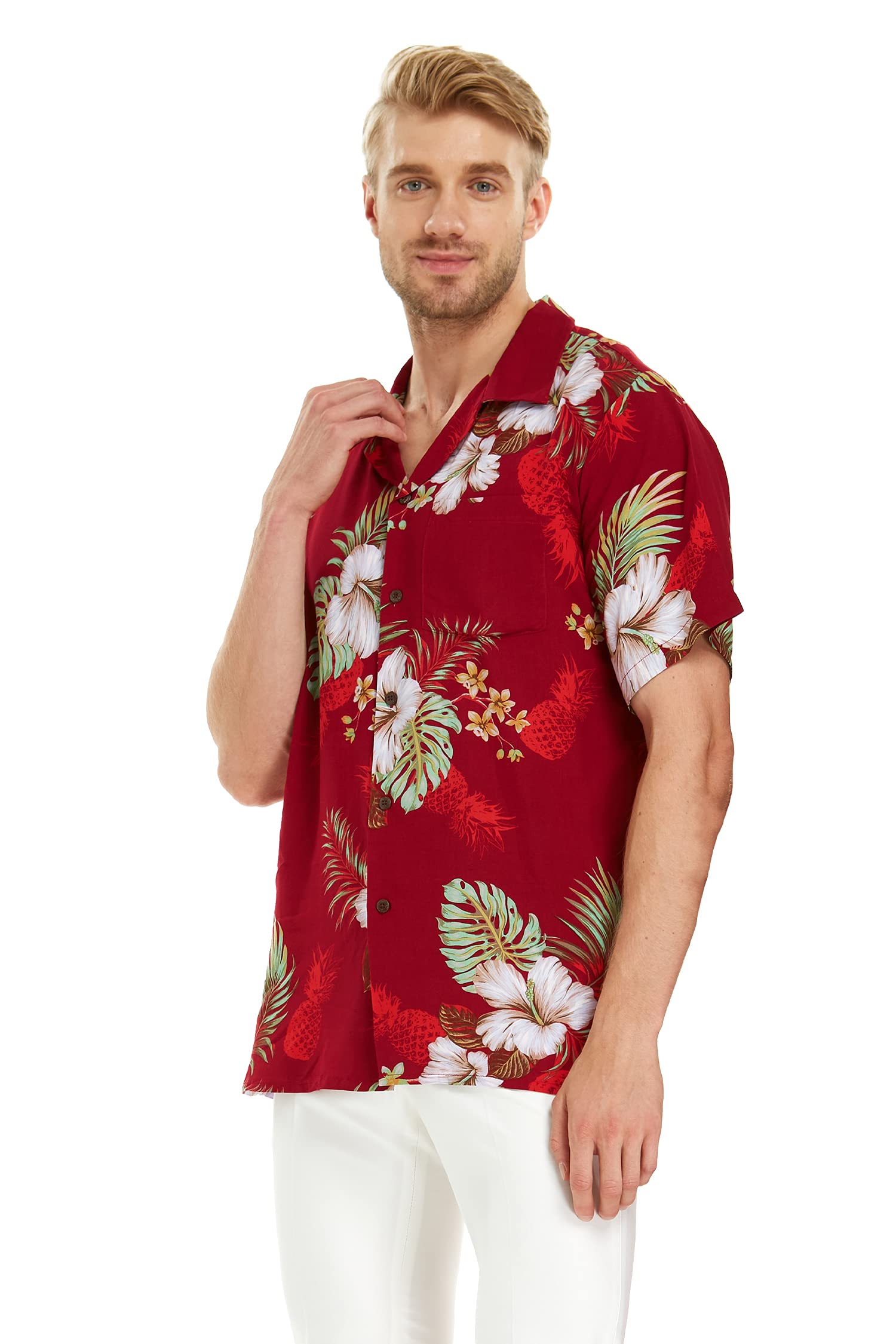 Stylish Couple Hawaiian Luau Shirts & Matching Pineapple Print Maxi Dress Set - Burgundy Tropical Outfits for Beach Vacations, Summer Parties & Romantic Getaways