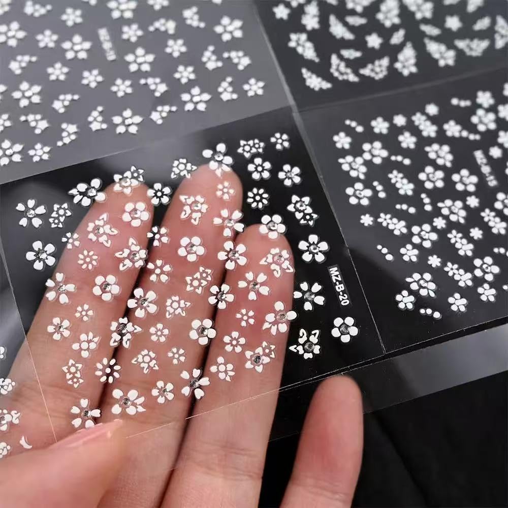 3D White Flower Nail Art Stickers with Rhinestones - Self-Adhesive Nail Decals for Professional Salon & Home Manicure - 30 Sheets Floral Nail Designs for Wedding, Party & Everyday Nail Decorations