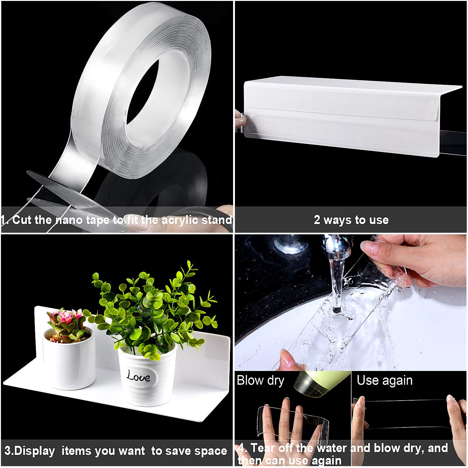 Jetec 8-Piece Acrylic Floating Shelves Set - 12 Inch Clear Wall Mounted Display Shelves with 5M Nano Double-Sided Tape - Perfect for Bedroom, Living Room, Bathroom, Office & Gaming Room Decor (White) - Ideal for Books, Plants, Collectibles & Home Organization