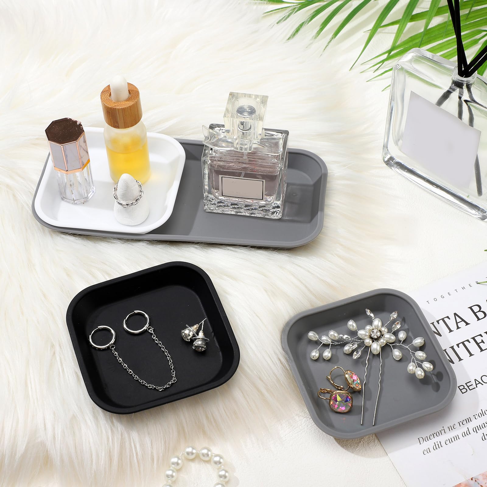 6-Piece Silicone Bathroom Vanity Trays Set - Multifunctional Counter Organizer for Bathroom, Kitchen & Desk - Decorative Storage in Black, White & Gray - Perfect for Makeup, Jewelry & Essentials