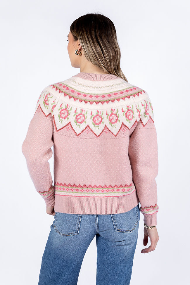 Sunny Meadow Pink Floral Fair Isle Cardigan Sweater for Women - Cozy Knit Pullover for Fall & Winter - Perfect for Christmas, Office Wear, and Casual Outfits