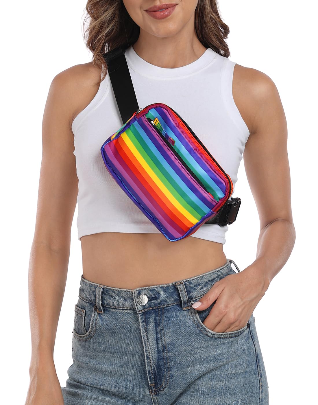 HDE 2L Fanny Pack Cross Body Bag with Adjustable Strap - Rainbow Stripe Waist Pack for Travel, Running, Hiking & Outdoor Activities
