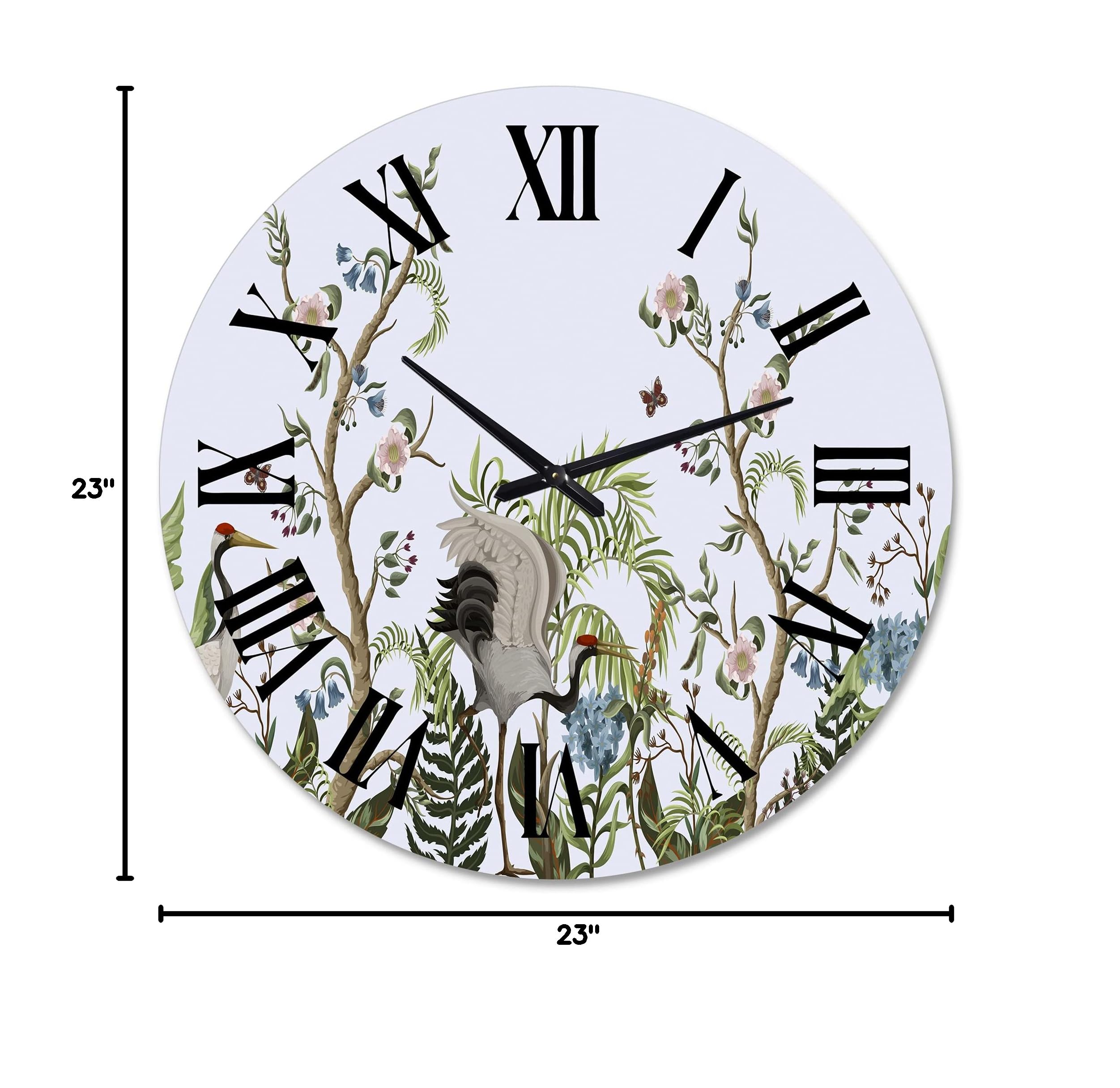 Chinoiserie Style Large Wall Clock with Cranes & Peonies Design - Traditional Home Decor for Living Room, Bedroom & Office | Silent Non-Ticking Modern Clock