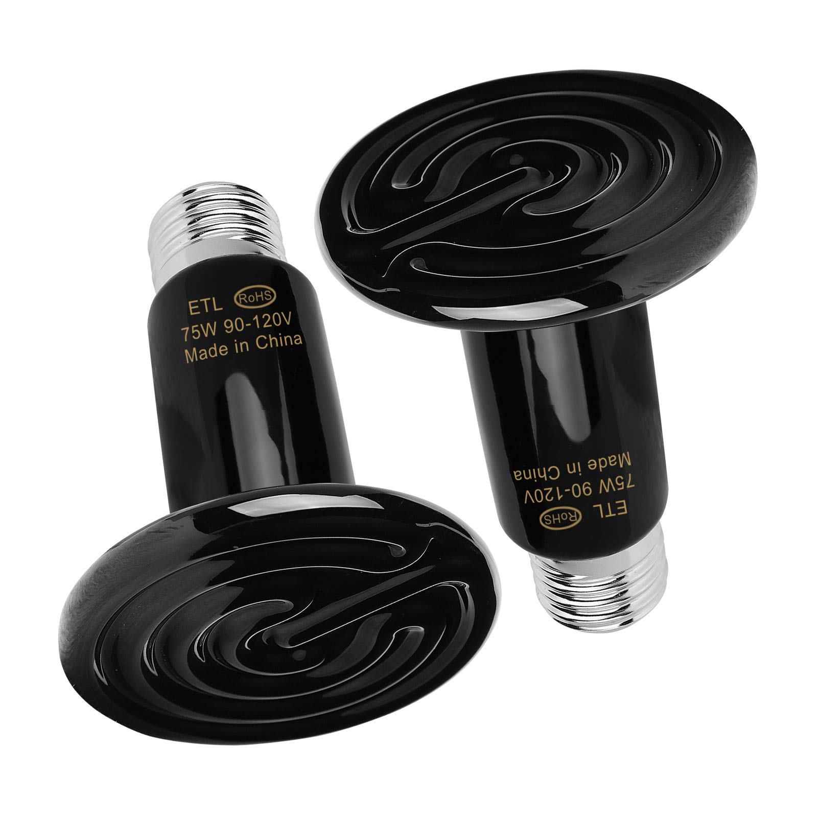 75W 2 Pack Ceramic Heat Emitter Reptile Heat Lamp Bulb - No Light Infrared Heater for Lizards, Snakes, Chickens, Tortoises & Aquariums - 24 Hour Heat Source - Perfect for Terrariums, Brooders & Pet Habitats - Black