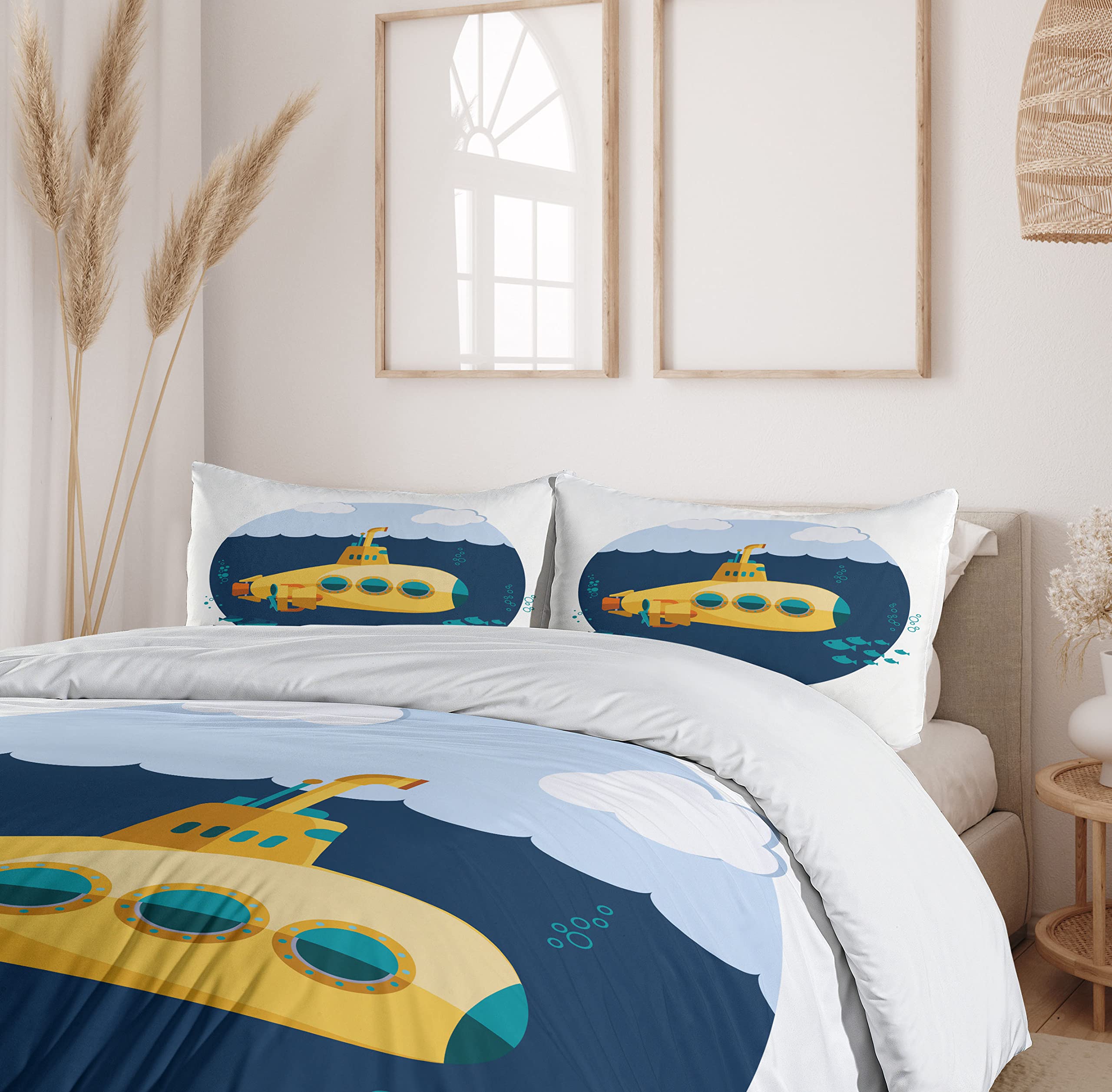 Ambesonne Yellow Submarine Duvet Cover Set - Underwater Themed 3-Piece Bedding with 2 Pillow Shams, California King Size in Earth Yellow & Navy Blue | Nautical Decor for Kids' Room, Beach House or Submarine-Themed Bedroom