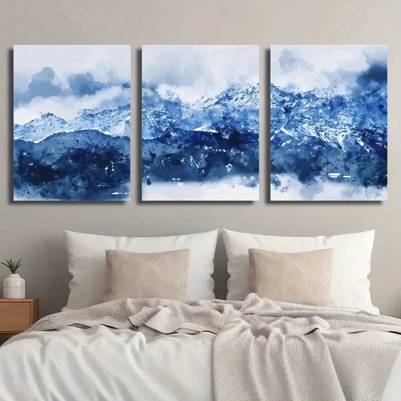 3-Piece Abstract Blue White Navy Blue Mountains Wall Art Set - Framed Canvas 40x60cm | High Quality Print | 100% Australian Made | Ready to Hang | Perfect for Living Room, Bedroom & Office Decor