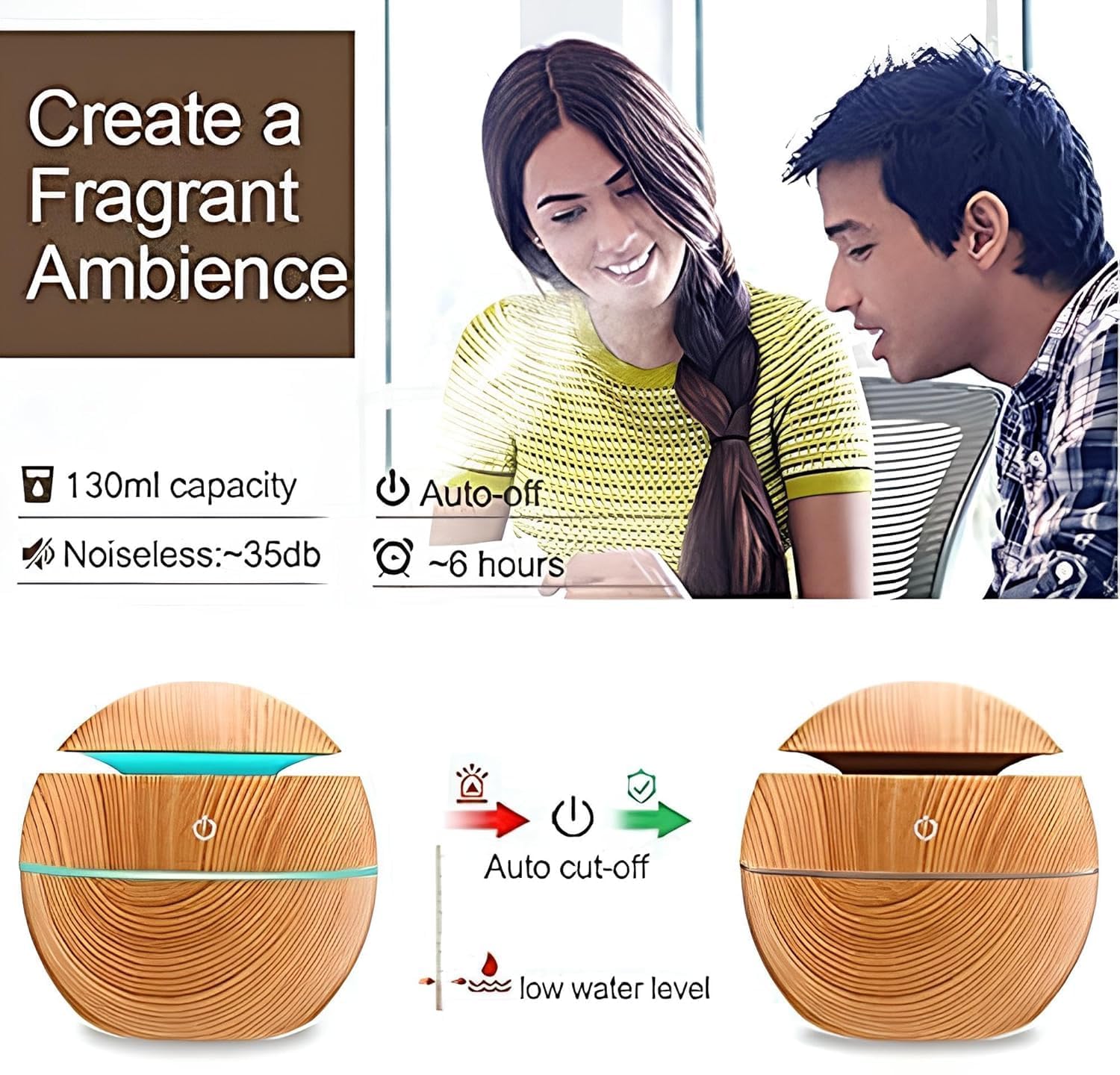Wood Cool Mist Ultrasonic Humidifier & Essential Oil Diffuser with Colorful LED Lights - Auto Shut-Off for Home, Office, Car, and Travel - Perfect for Dry Air Relief, Aromatherapy, and Better Sleep