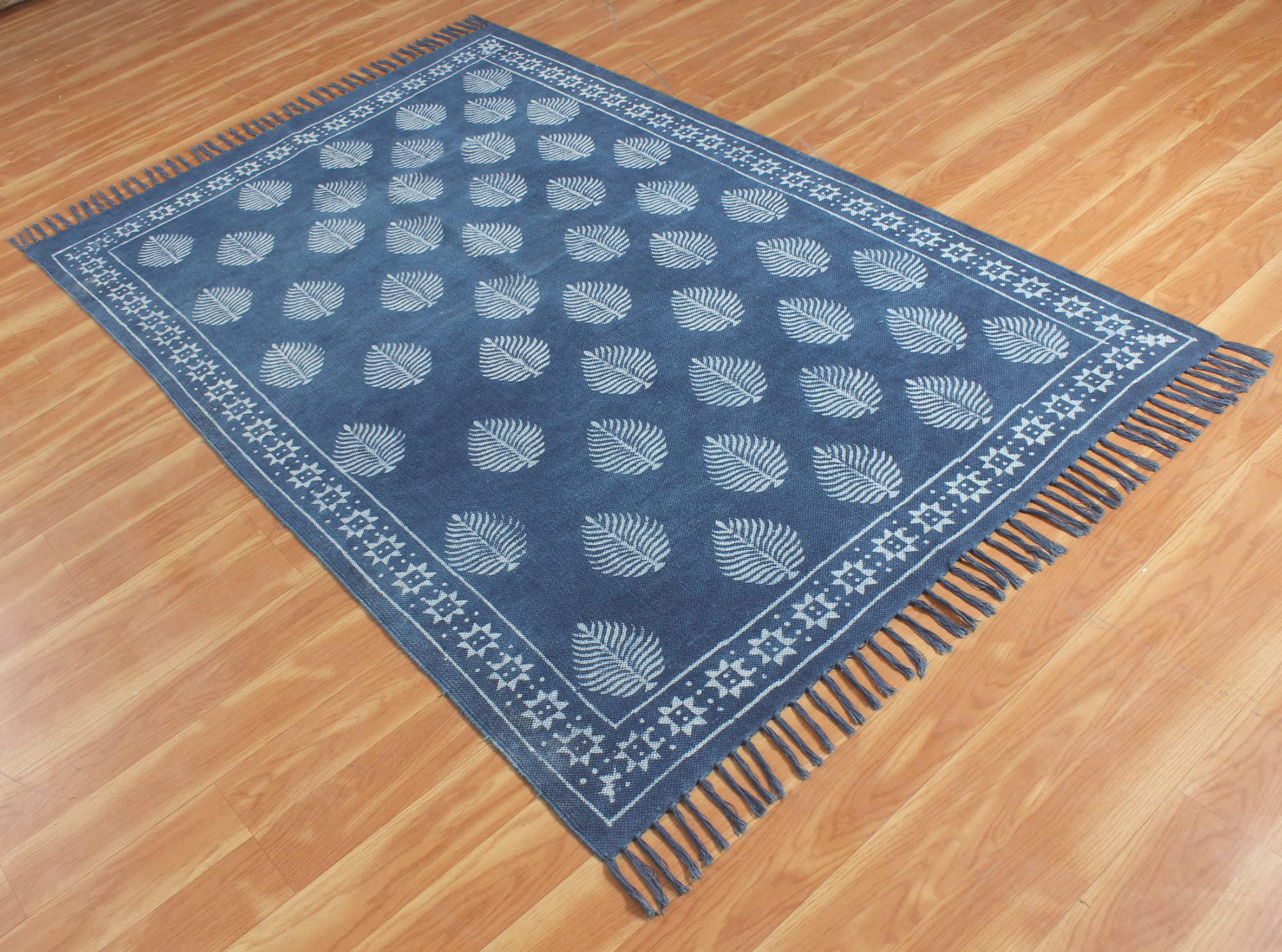 Hand Woven Pure Cotton Area Rug - Indigo Blue Floral Design with Tassels, Reversible Runner Rug (4x15 Feet) for Living Room, Bedroom, Laundry & Bathroom Floor Decor
