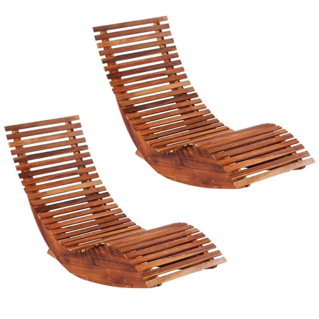 Premium Acacia Wood Outdoor Chaise Lounge Chair Set - 2-Piece Curved Rocking Sun Loungers with Light Oil Finish (58.7