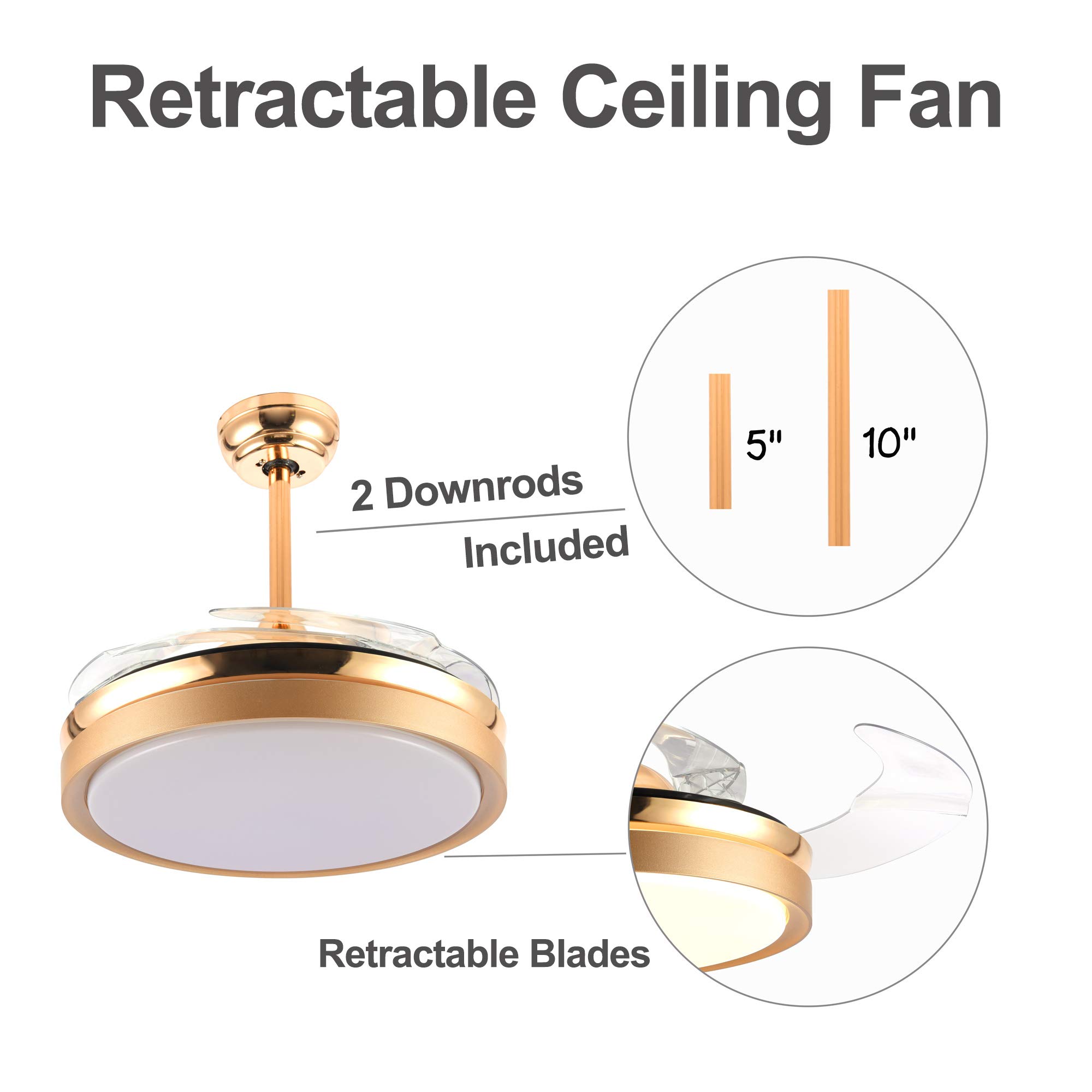 36 Inch Retractable Ceiling Fan with LED Light & Remote Control - Modern Dimmable 3-Color Blades for Bedroom, Living Room & Dining Room - Energy Efficient Gold Finish Home Cooling Solution for Year-Round Comfort