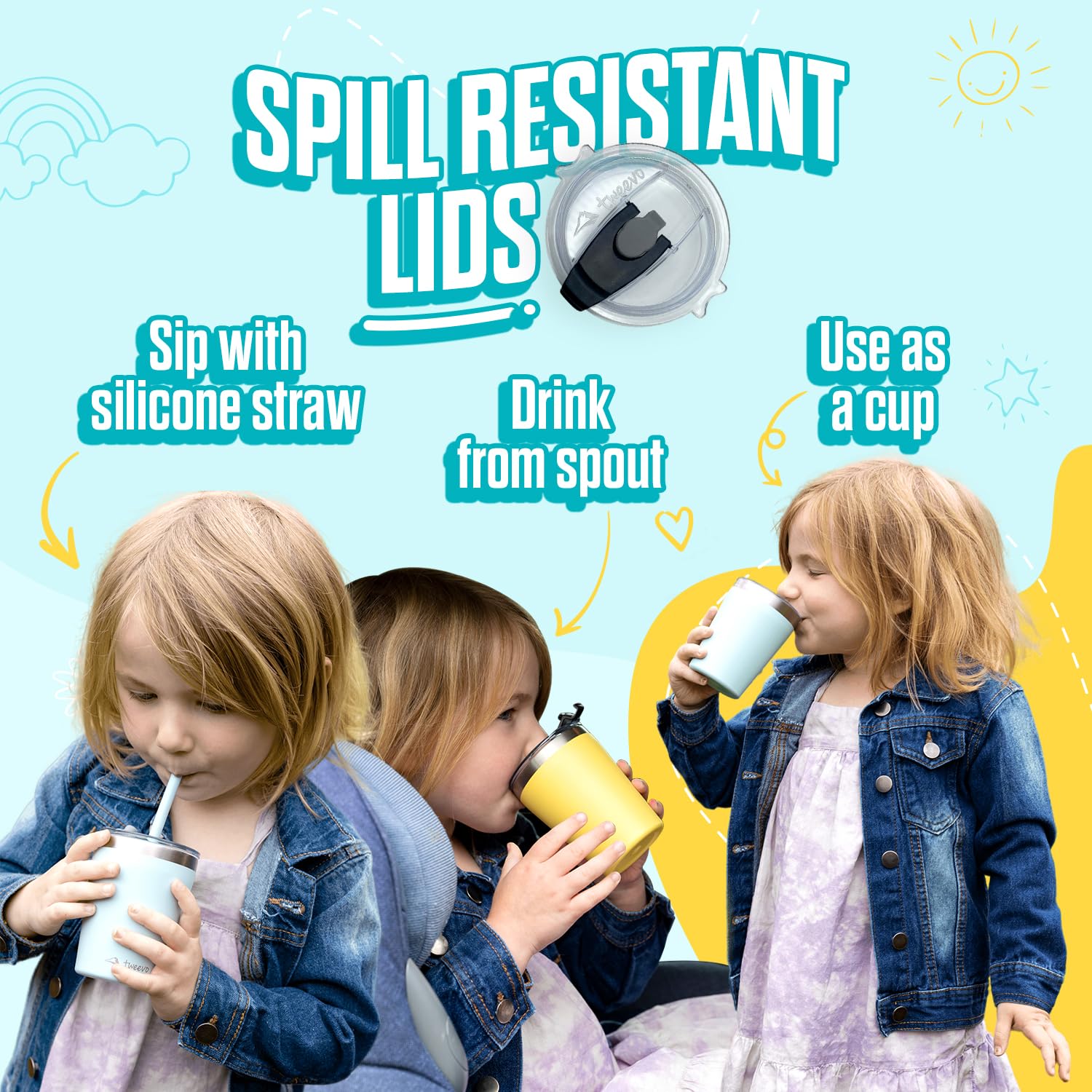 Tweevo 8.5oz Stainless Steel Kids Tumblers with Spill-Proof Screw Lids - Insulated Toddler Cups with Straws & Cleaning Brush - BPA-Free Baby Water Bottles for Boys Girls (Yellow & Blue) - Perfect for School, Travel, and Outdoor Activities