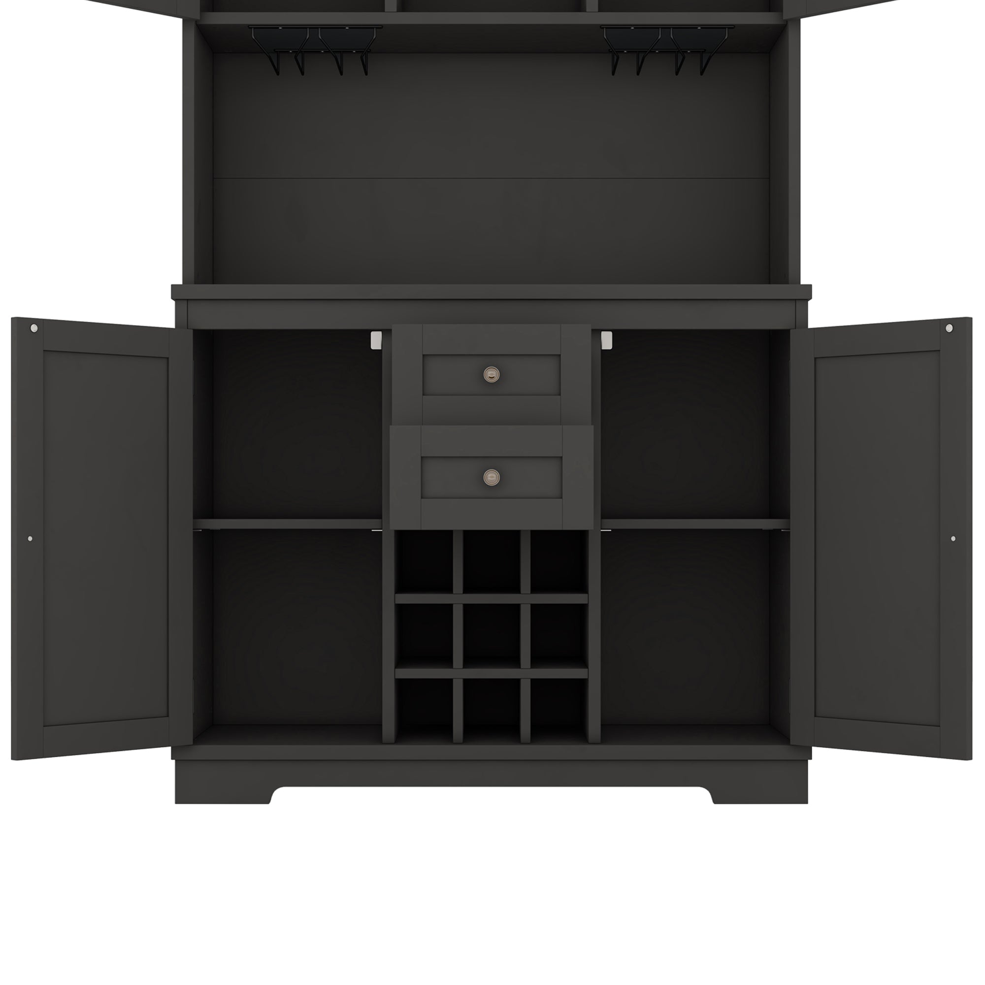 Farmhouse Coffee Bar Cabinet with Storage - Kitchen Buffet Cabinet with Drawers, Shelves & Wine Glass Racks - Rustic Dining Room Furniture for Kitchen, Bar & Entertaining - Black