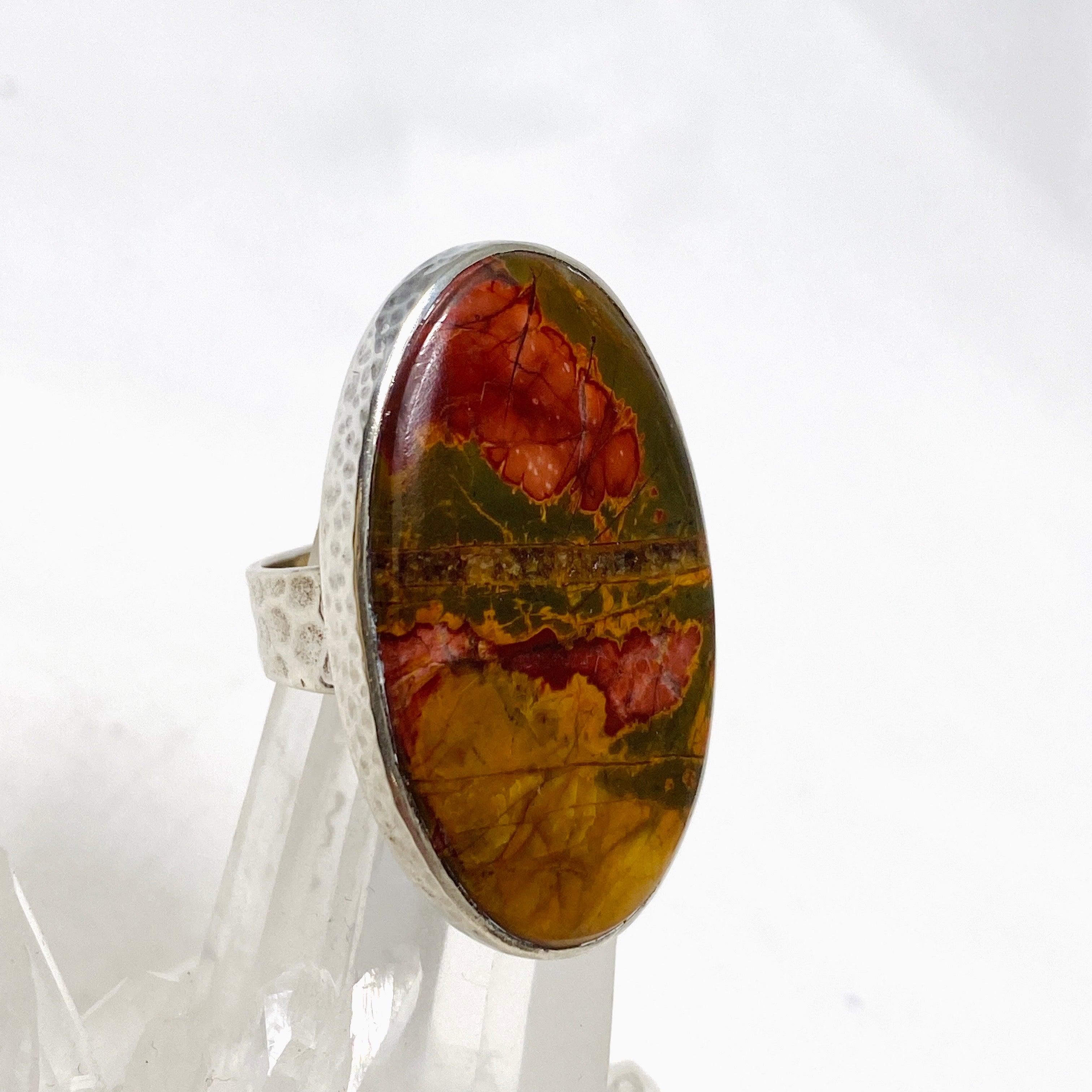 Cherry Creek Jasper Hammered Oval Ring - Size 7, KRGJ1601 - Handmade Boho Jewelry for Women, Perfect for Everyday Wear & Special Occasions