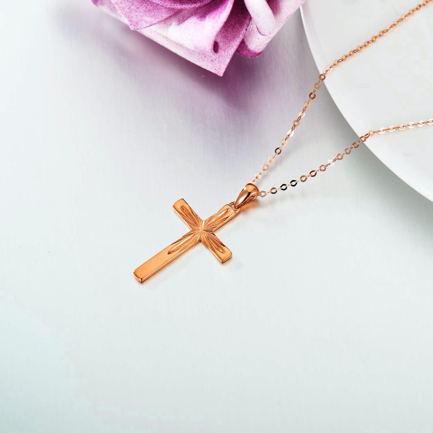14K Solid Gold Cross Necklace for Women - Delicate Italian Diamond-Cut Religious Pendant, 16
