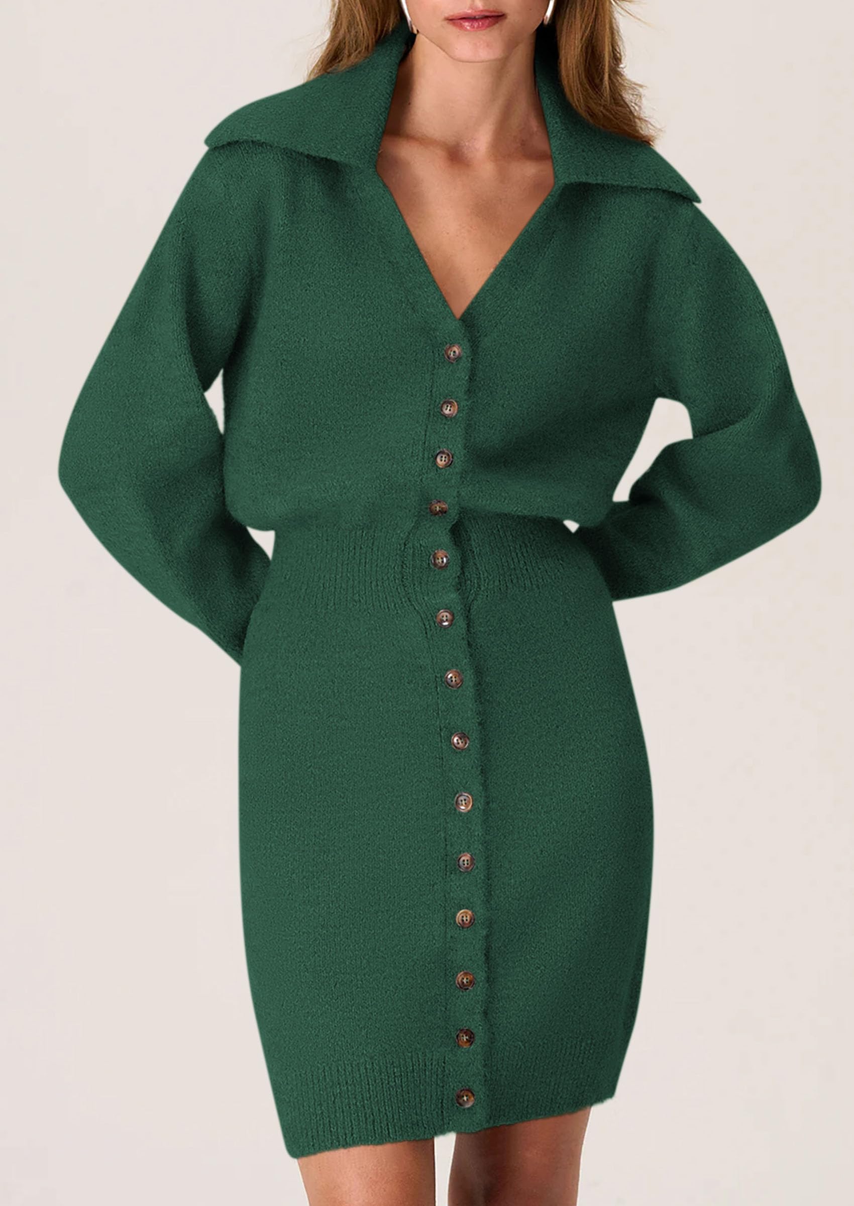 PRETTYGARDEN Women's 2025 Trendy Long Sleeve Button Down Sweater Dress - Soft Knit Short Spring Dress for Casual Outings, Date Nights & Office Wear