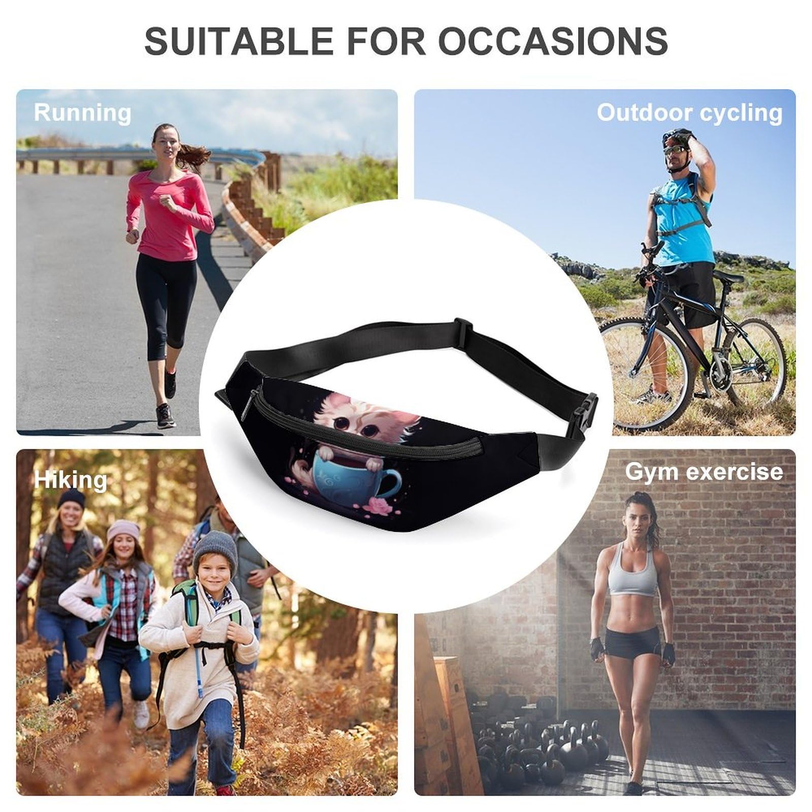 Adjustable Waist Bag & Crossbody Pouch - Stylish Cup Cat in Teacup Design for Women & Men | Perfect for Travel, Concerts, and Everyday Use