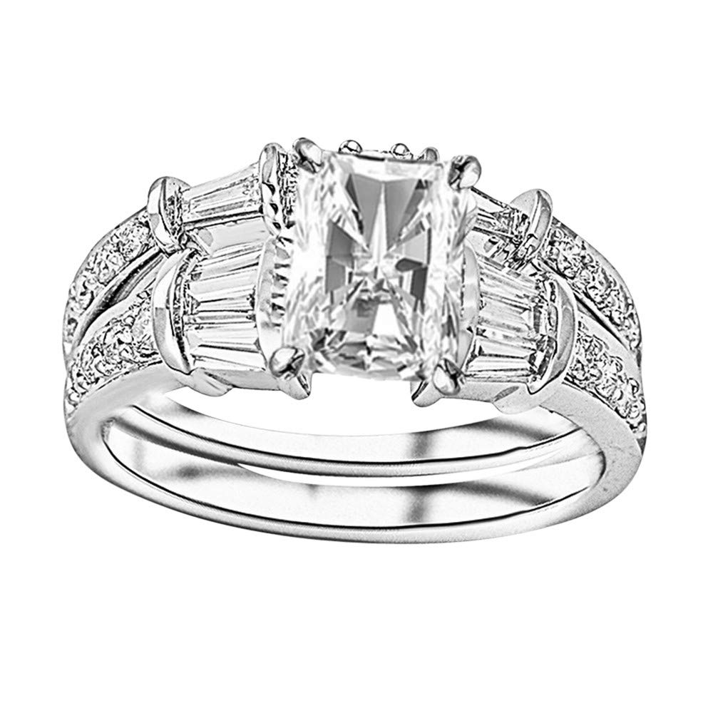 3.75 Carat Total Weight 14K White Gold Baguette & Round GIA Certified Diamond Engagement Ring & Wedding Band Set - Radiant Shape (3 Ct Center Stone, H Color, SI2 Clarity) for Bridal, Anniversary & Special Occasions