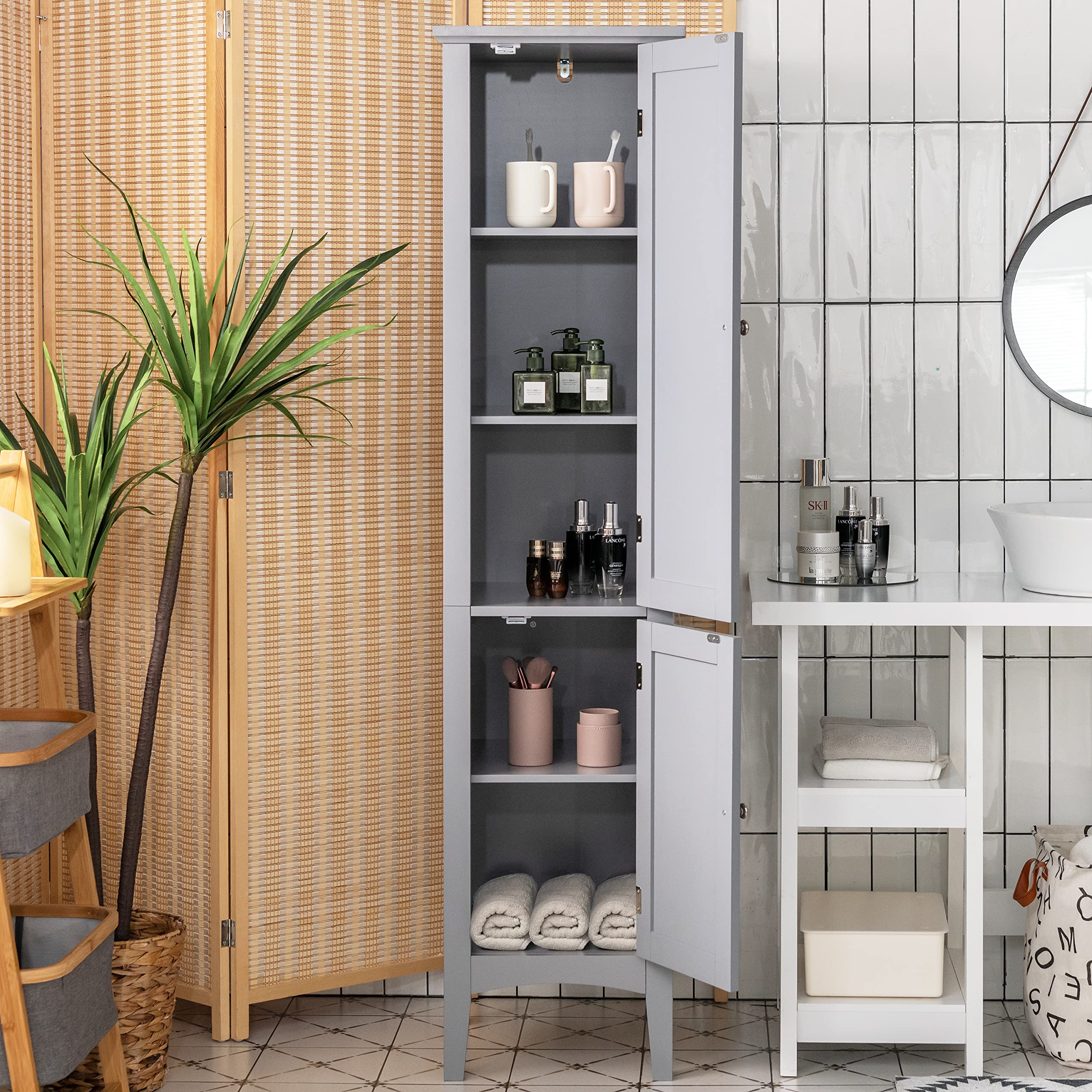 Tangkula 5-Tier Tall Bathroom Storage Cabinet - Freestanding Wooden Organizer with 2 Doors & Shelves for Bathroom, Living Room, Kitchen - Space Saving Narrow Floor Cabinet (Grey) | Perfect for Small Spaces, Apartment Storage & Home Organization