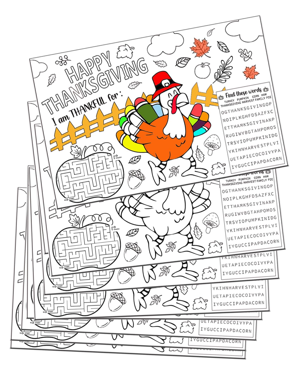12-Pack Thanksgiving Turkey Coloring Place Mats for Kids - Fun DIY Activity for Thanksgiving Party, Holiday Dinner & Family Gatherings