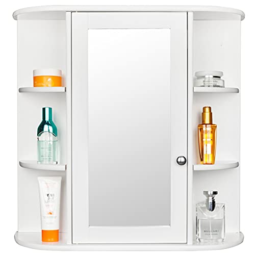 Wall Mounted Bathroom Medicine Cabinet with Mirror - Adjustable Open Shelves, White Storage Cabinet (23.6