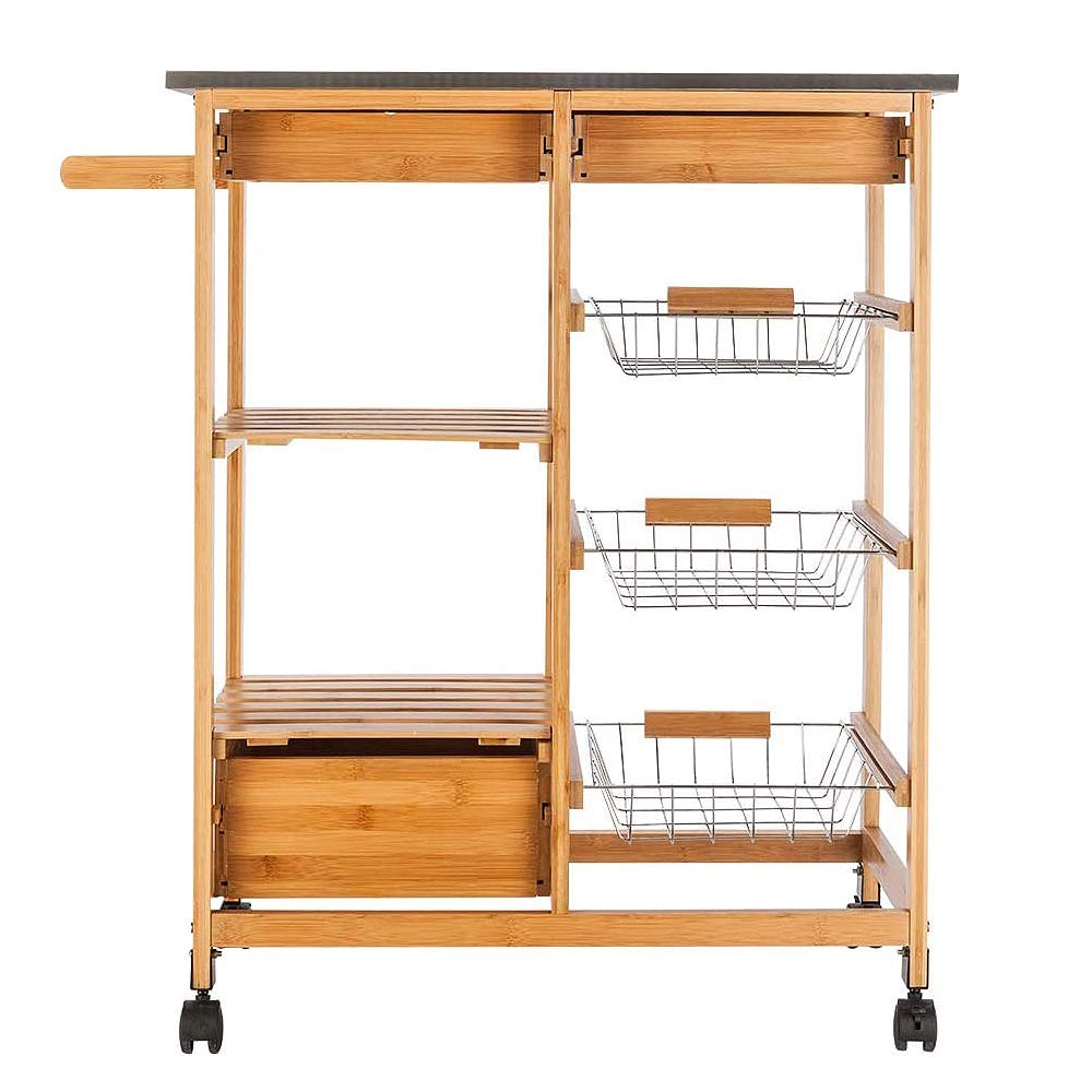 Stainless Steel Rolling Kitchen Island Cart with 3 Drawers & 3 Baskets - Wooden Mobile Serving Cart for Food & Beverages Storage - Perfect for Small Kitchens, Dining Rooms & Buffet Serving (Natural Wood Color)