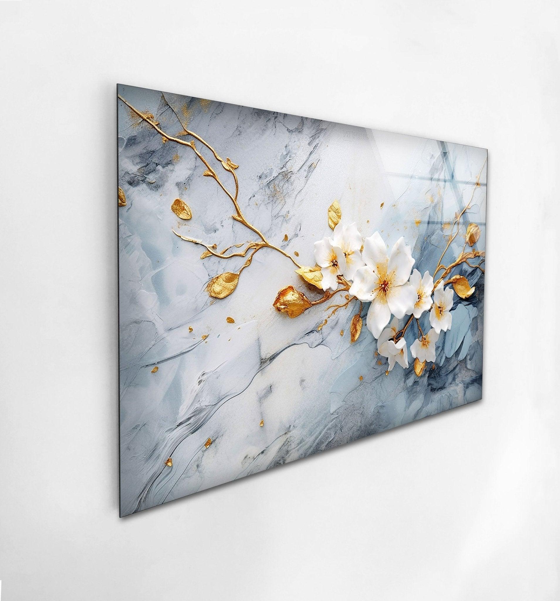 Alcohol Ink White Flower Glass Wall Art - Handmade Modern Home Decor for Living Room, Bedroom & Office - Unique Gift Idea
