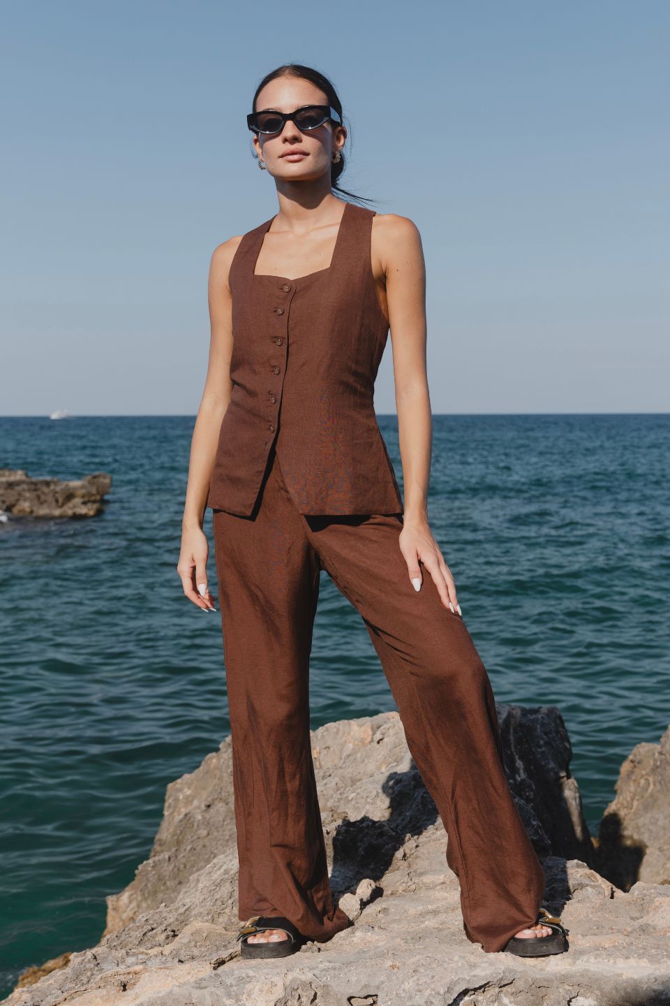 Island Chocolate Linen Pleat Front Wide Leg Pants for Women - Comfortable High Waisted Loose Fit Trousers for Summer, Office & Casual Wear