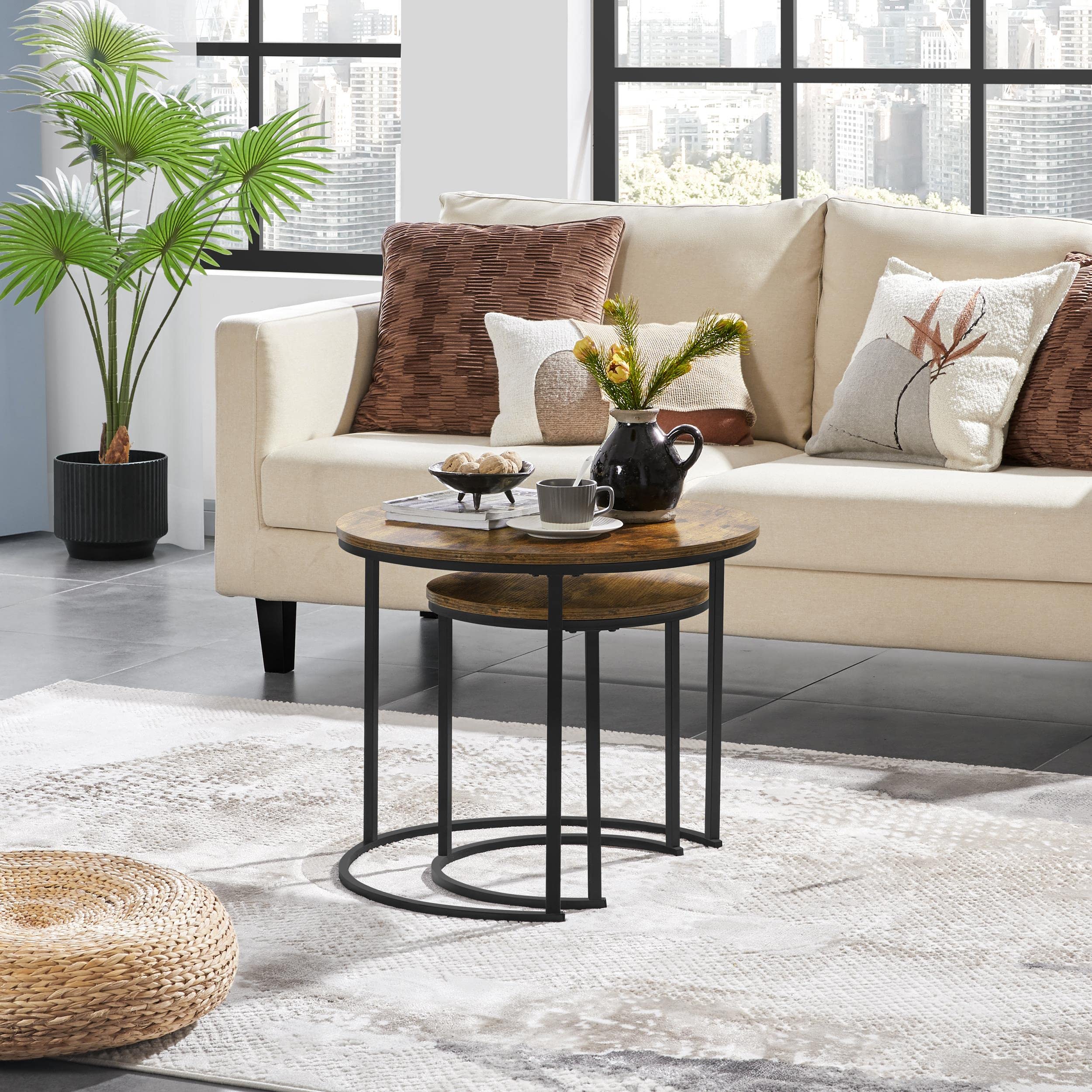 Yaheetech 2-Piece Round Nesting Coffee Table Set - Rustic Brown Wooden Tabletop with Sturdy Metal Frame - Stackable End Tables for Living Room, Bedroom, or Office - Perfect for Small Spaces and Home Decor